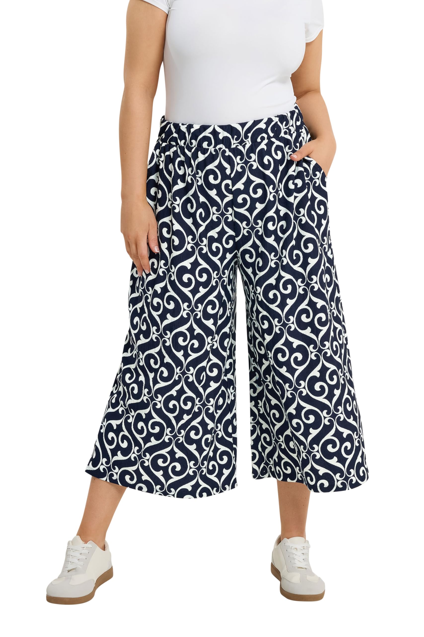 Yours Women's Navy Curve Blue Abstract Trousers - Plus Size Curve