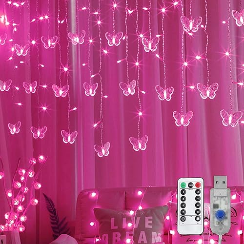 Miniatura 1 de Decorman Luces de cortina de mariposas, 13 pies, 96 luces LED USB para ventana, 16 mariposas, 8 modos, luciérnaga, temporizador, luces con control