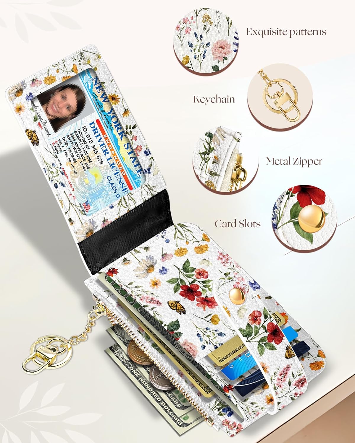 Cute Card Wallet Women - Small Wallets with Keychain Vintage Flower RFID Credit Cardholder Aesthetic Fashion Design Coin Purse for Female Ladies Teen Girls - Image 5