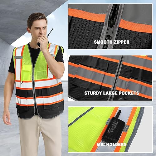 Miniatura 5 de BeautyWill Chalecos de seguridad de malla amarilla resistente con 5 bolsillos y cremallera frontal SMLXLXXL3XL4XL