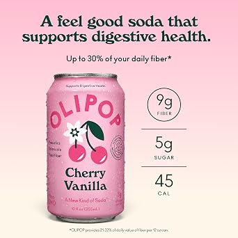 OLIPOP Prebiotic Soda Pop, Cherry Vanilla, A New Kind of Soda Packed with Prebiotics, Fiber, and Botanicals, Gluten Free, GMO Free, 12oz (12-Cans)