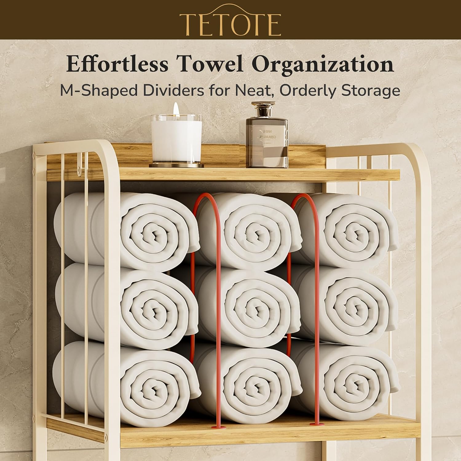 TETOTE 5-Tier Bathroom Towel Rack Metal Towel Storage Organizer M-Shaped Detachable Dividers Towel Holder for Pool, Laundry, White image 3