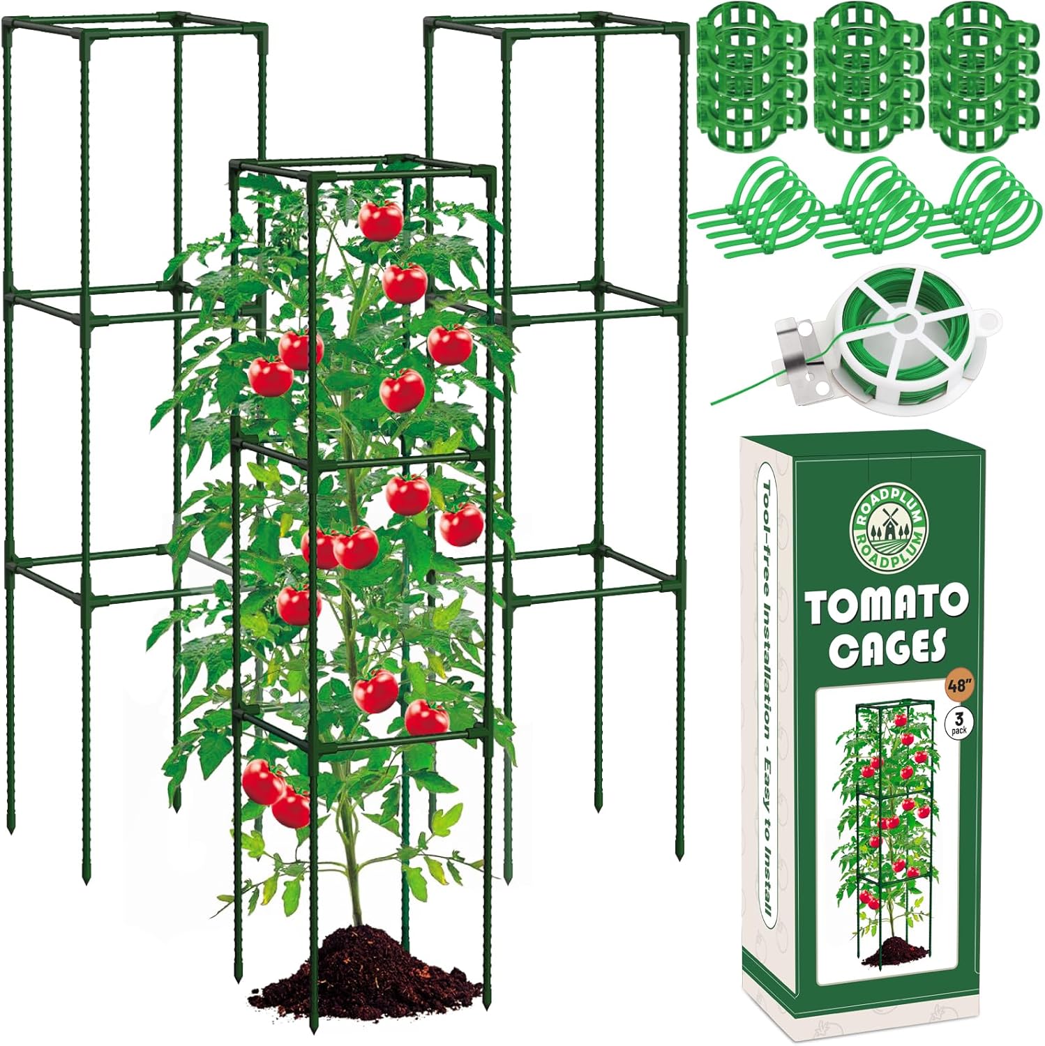 3 Pack 48″ Tomato Cages for Garden, Plastic Coated Steel Pipe Heavy Duty Adjustable Tomato Stakes Trellis Plant Cages for Vegetable, Fruit, Flower, Rose Vine Climbing Plants