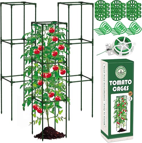 ROADPLUM Paquete de 3 jaulas de tomate de 48 pulgadas para jardín, tubo de acero recubierto de plástico, estacas de tomate ajustables resistentes