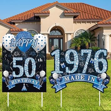 2Pcs Birthday Yard Signs,50th Birthday Decorations Men Blue Silver Happy 50 Birthdays Sign Made in 1976 Lawn Party Supplies with Stakes,Weatherproof Outdoor Fifty Years Old Yard Decorations