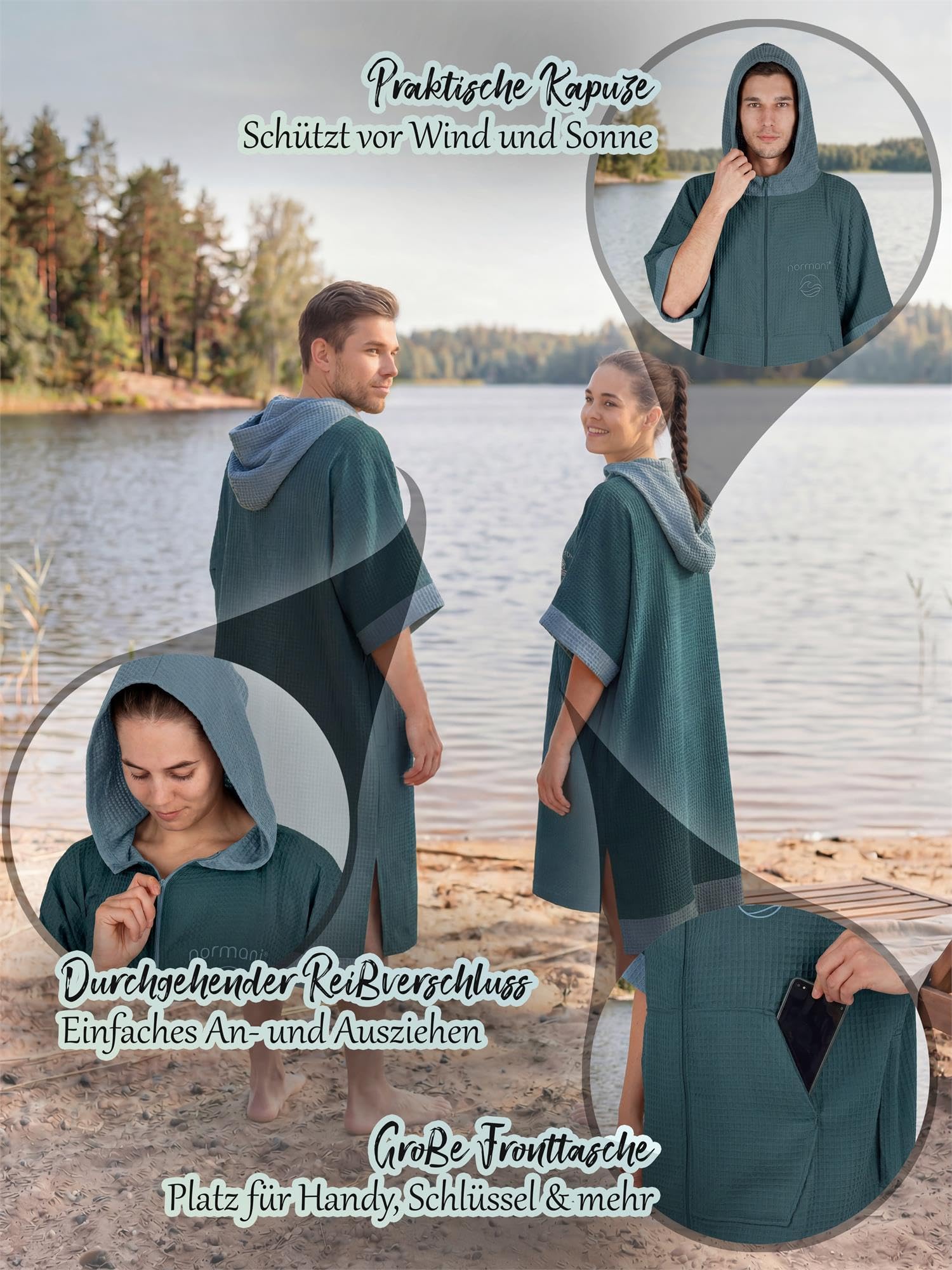 Badeponcho aus Waffelpique Handtuch-Poncho aus 100% Viskose leicht und kompakt - Badetuch Surferponcho mit Kapuze für Damen und Herren