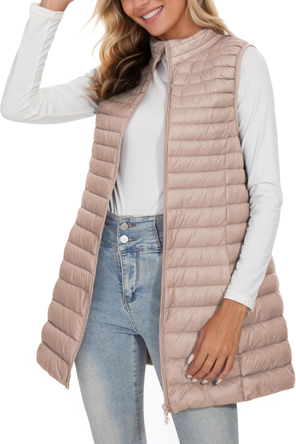 ELFJOY Long Puffer Vest Women Winter Ultra Light Long Down Vest with Stand Collar Black Womens Vests Outerwear