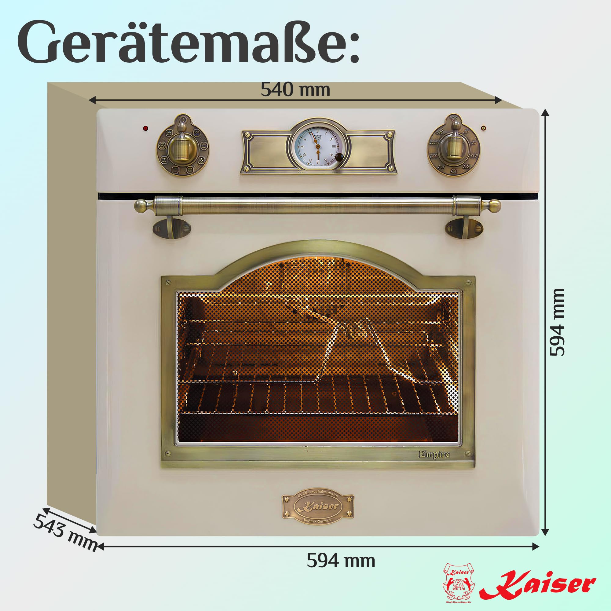 Forno elettrico da incasso 60 cm Kaiser EH 6355 ElfEm Serie Empire Beige con decorazioni in bronzo · Multifunzione 8 · Grill a infrarossi · Girarrosto · Autopulizia catalitica · Classe A - 67 litri