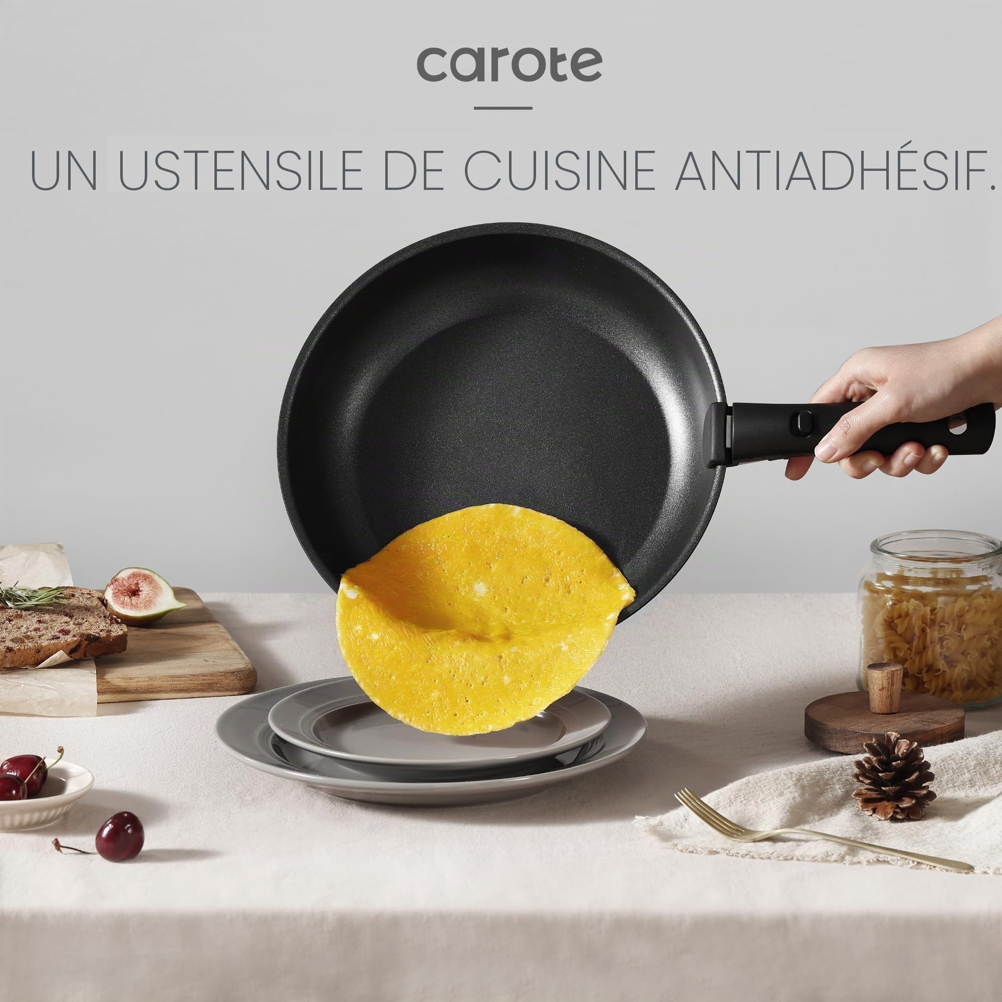 CAROTE Ensemble de 19 pièces de casseroles et poêles antiadhésives, ensemble de ustensiles de cuisine avec poignée détachable, ustensiles de cuisine antiadhésifs à induction avec poignée amovible