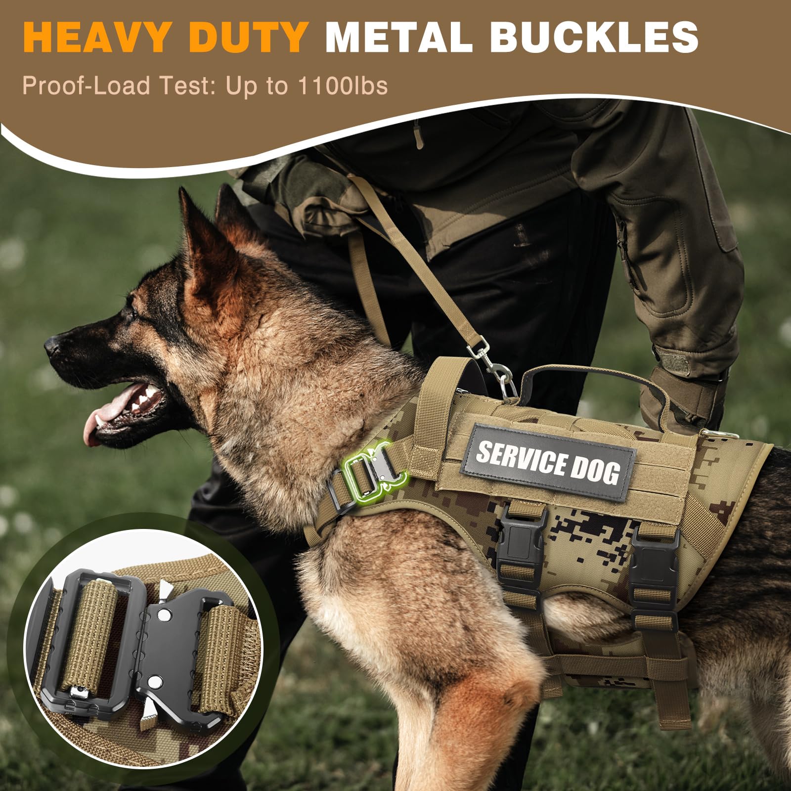 WINSEE Arnés táctico para Perro con Correa para Perro, Chaleco MOLLE de Trabajo de Servicio con 10 Parches para Mascotas, arnés Militar sin tirones y Mochila para Entrenamiento, Caza y Caminata
