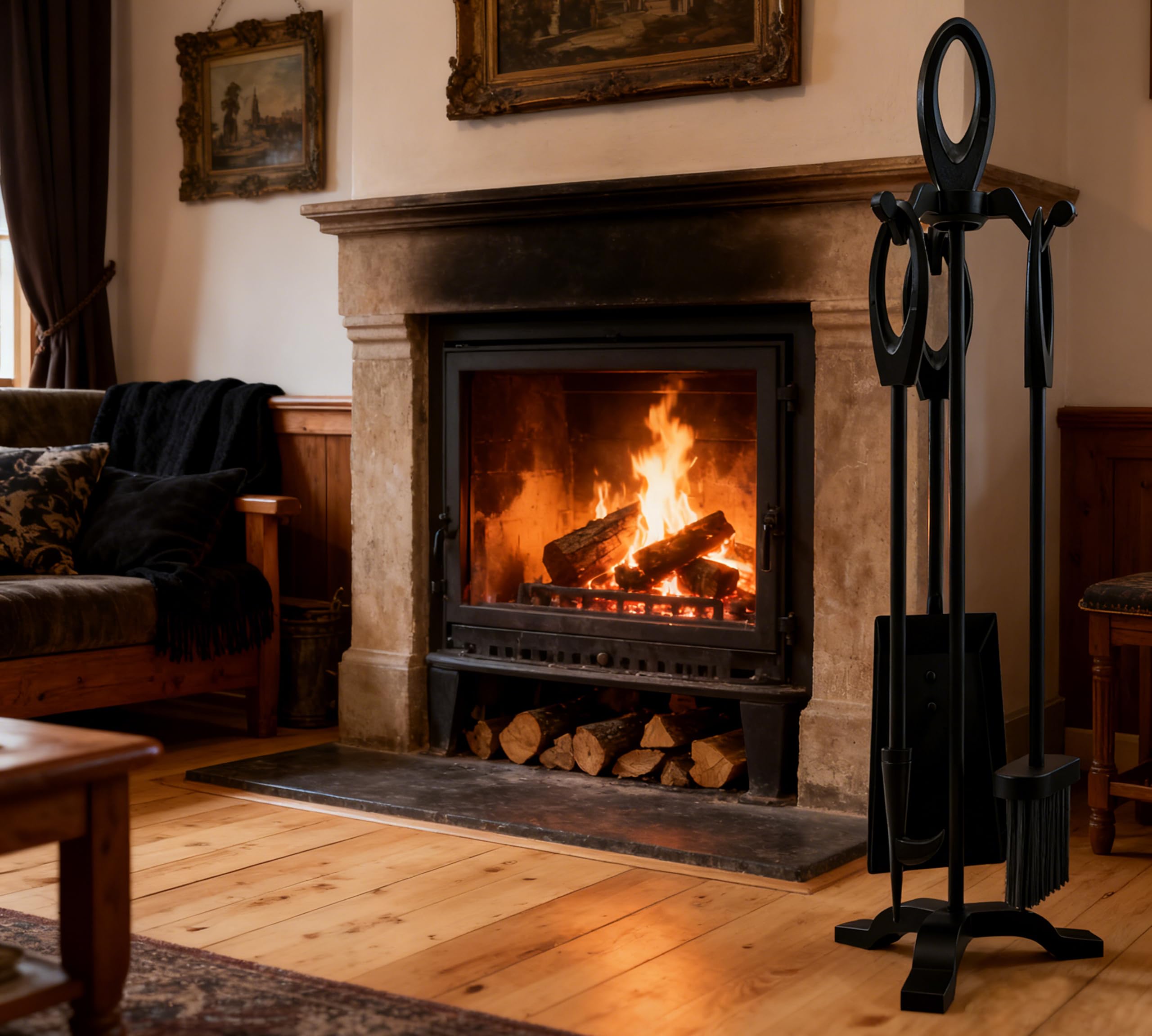 Kingson Cast Iron Fireplace Companion Set โ 4-Piece Fireside Tool Set with Brush, Shovel, Poker & Stand โ Sturdy Traditional Design โ Height 63.5cm โ Black Iron Finish