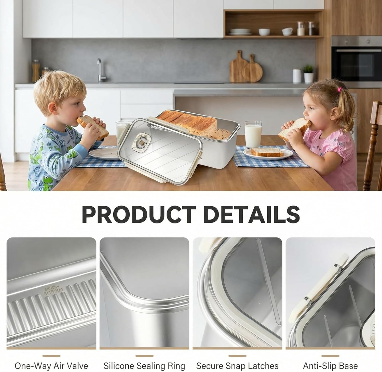 Time Recording Bread Storage Container with Lid, Kitchen Counter Bread Storage Container, Stainless Steel Bread Box for Homemade Bread, Vegetable, Cookies and Fruit (Silver)