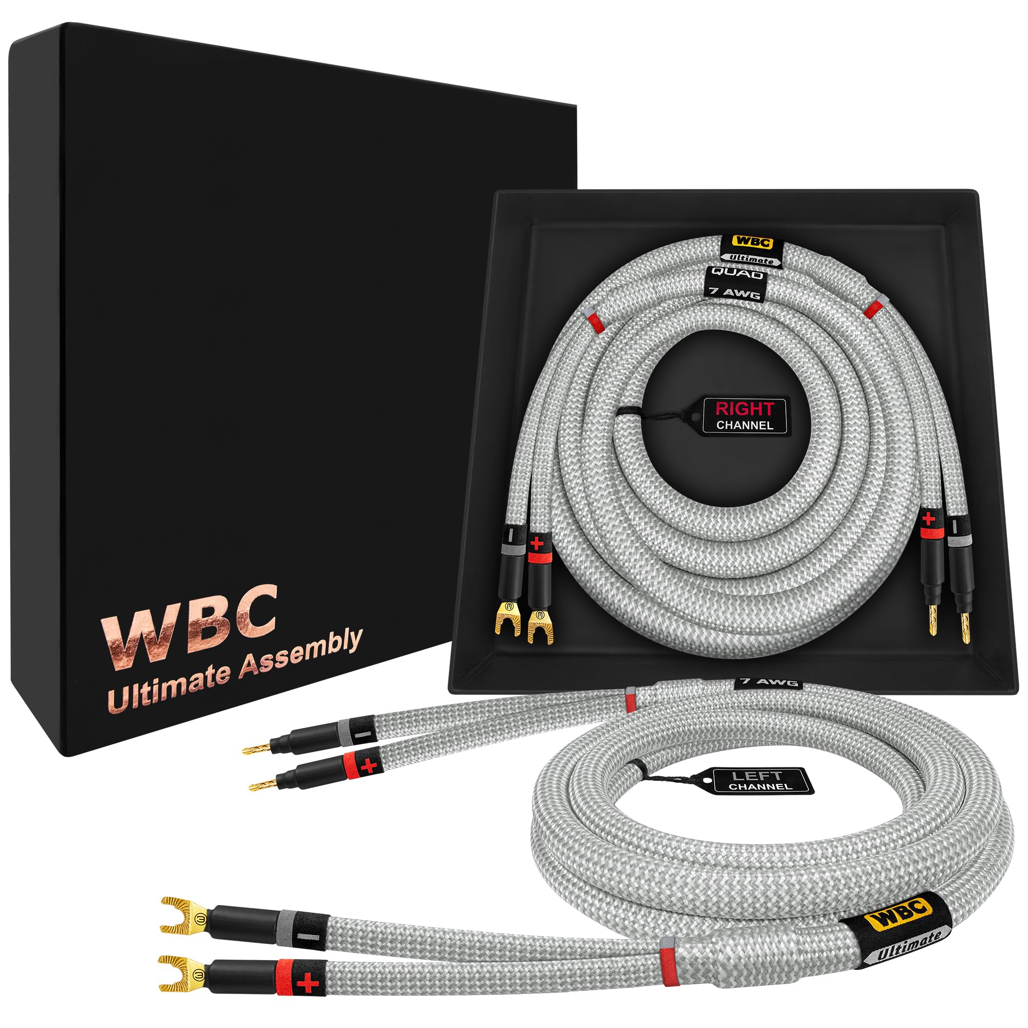 WORLDS BEST CABLES 10 Foot Ultimate - 7 AWG - Ultra-Pure OFC – Extra Premium Audiophile HiFi Speaker Cable Pair with Eminence Gold Banana (x2) & Spade