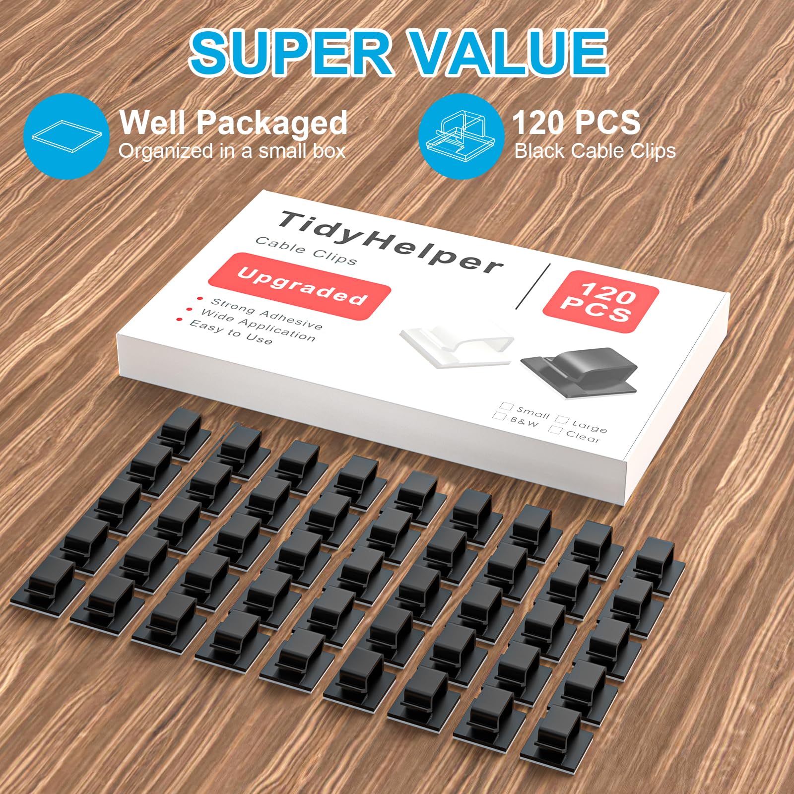 120 clips de cable, clips de cable adhesivos para cables en la pared, soportes de clips de alambre fuertes para organización de cables, luces de Navidad, USB, cargador de teléfono, Cat 6, cámara de