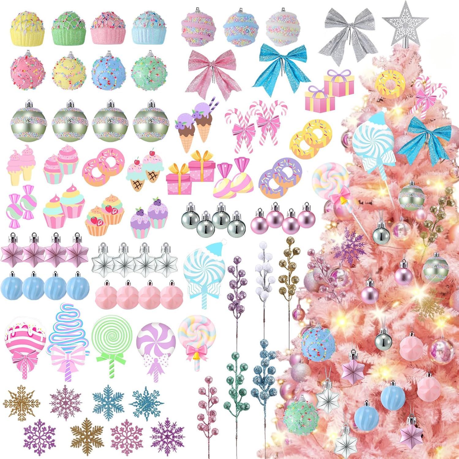 111 Pcs Pastel Christmas Tree Ornaments Candy 2026 New Year Pink Lollipops Snowflake Candy Cupcakes Donuts Ice Cream Foam Hanging Decorations Christmas Tree Birthday Party Wreath Arts Decor