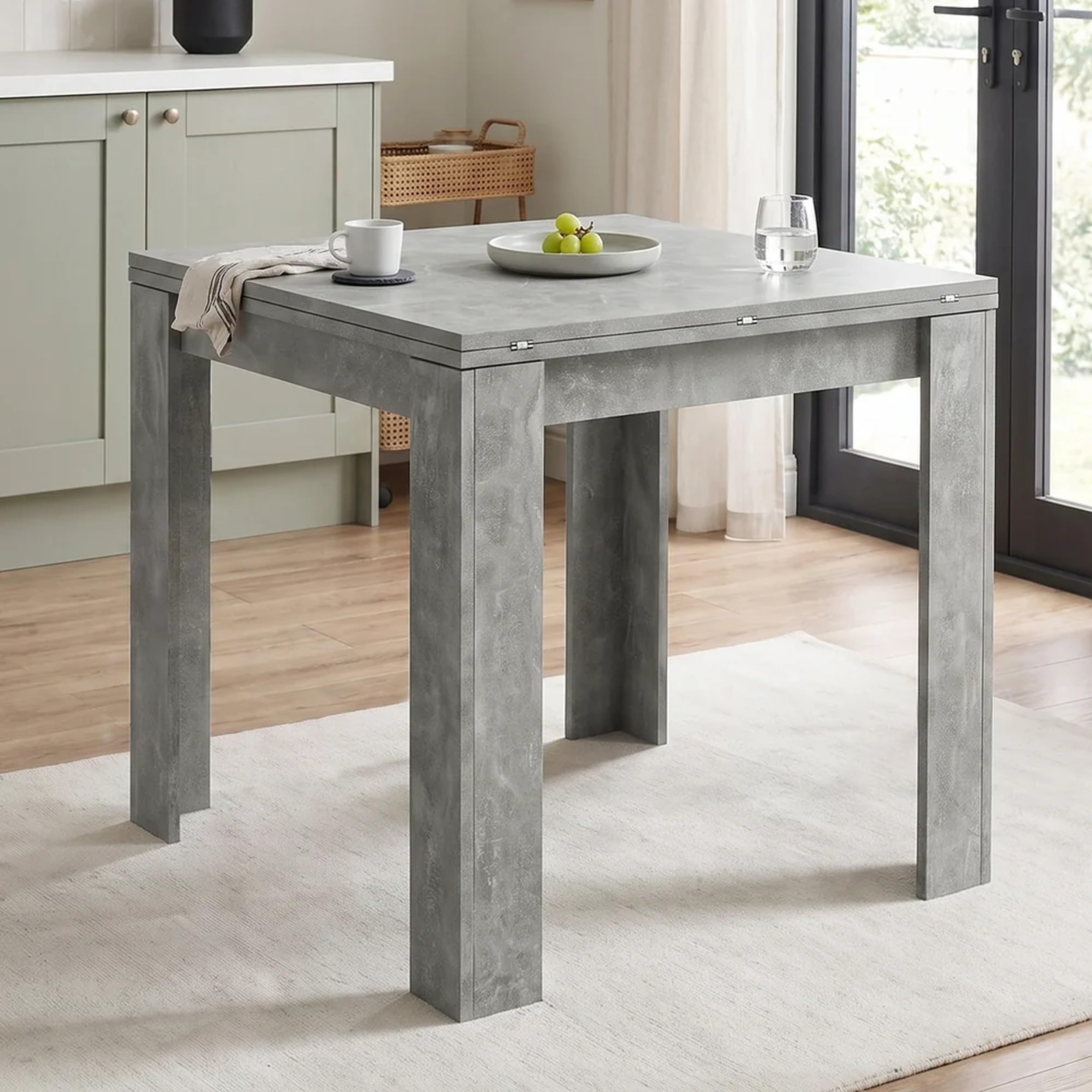 Blisswood Wooden Extendable Small Dining Table, Compact Kitchen Table with Flip Top Butterfly Extension, Modern Space Saving Dining Table for 4-6 People, 80-160 cm Foldable Dining Tables, Concrete