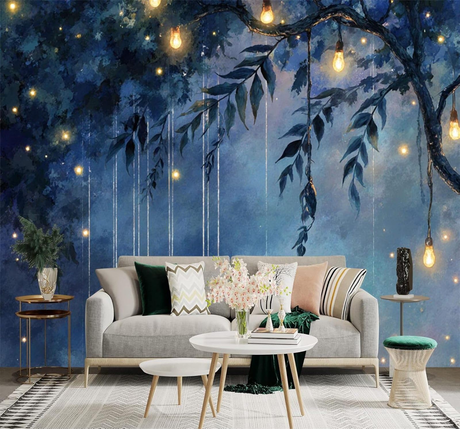 XLMING Dreamlike Blue Night Sky Branches Hanging Lights 3D Wallpaper Premium Textured Silk Study Dining Living Room Bedroom Sofa TV Wall Easy Install-150cm×105cm