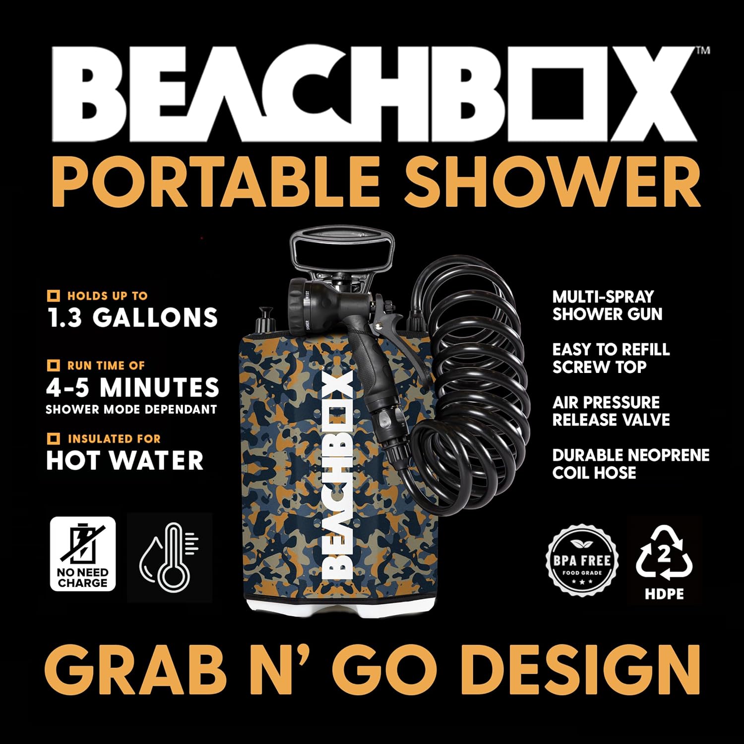 BeachBox Portable Shower Tank – Insulated Hot & Cold Water Tank for Camping, Beach, & Outdoor Adventures – 1.3 Gal Capacity – Multi-Spray Shower Gun – Easy Fill & Carry