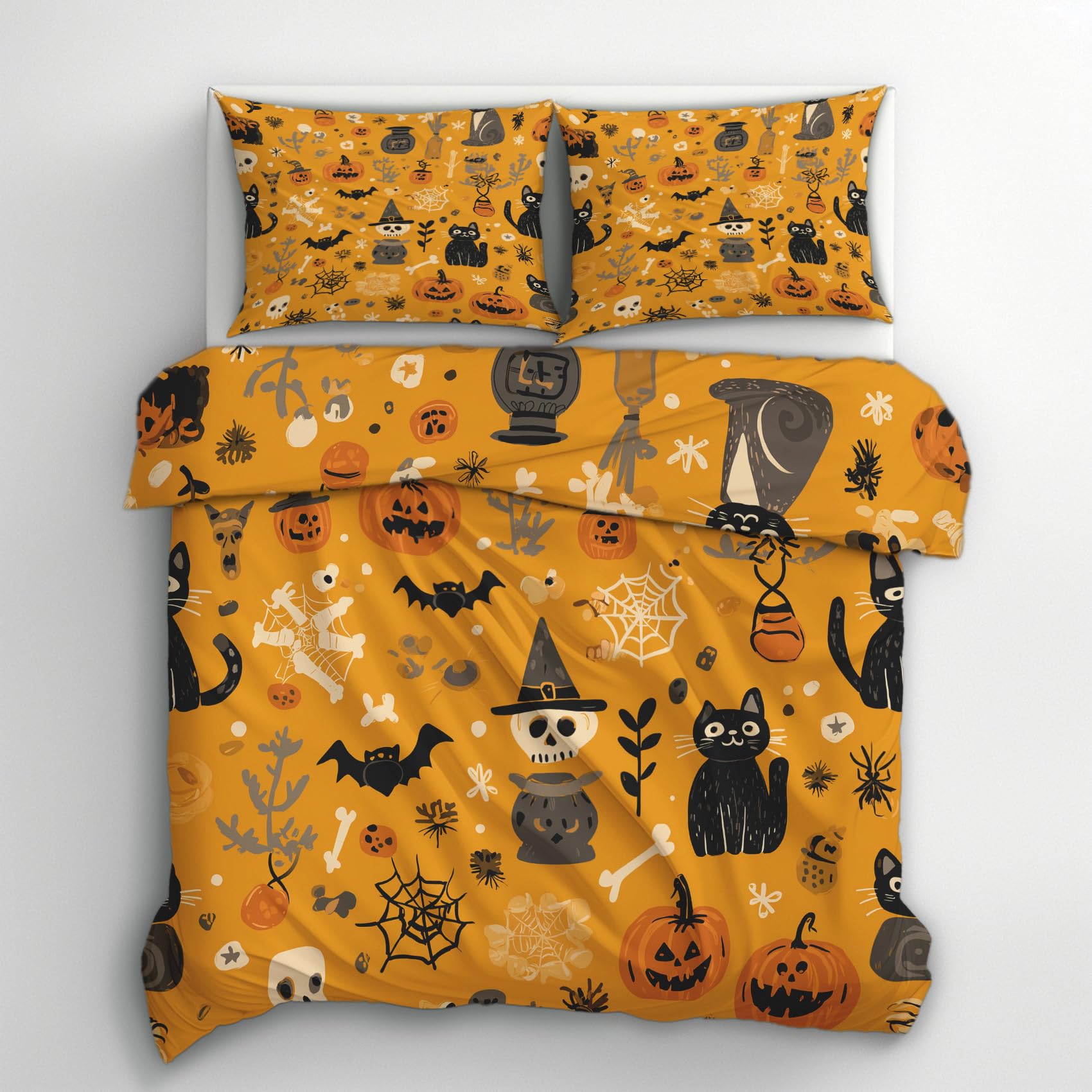 Generisch Bettwäsche 200x200 Kinder Halloween Design, 3teilig - Orange Totenkopf Kürbis Bettbezug und 2 Kissenbezug 80x80, Wendebettwäsche, Schlafzimmer Deko, Mikrofaser, mit Reißverschluss (K-19P)
