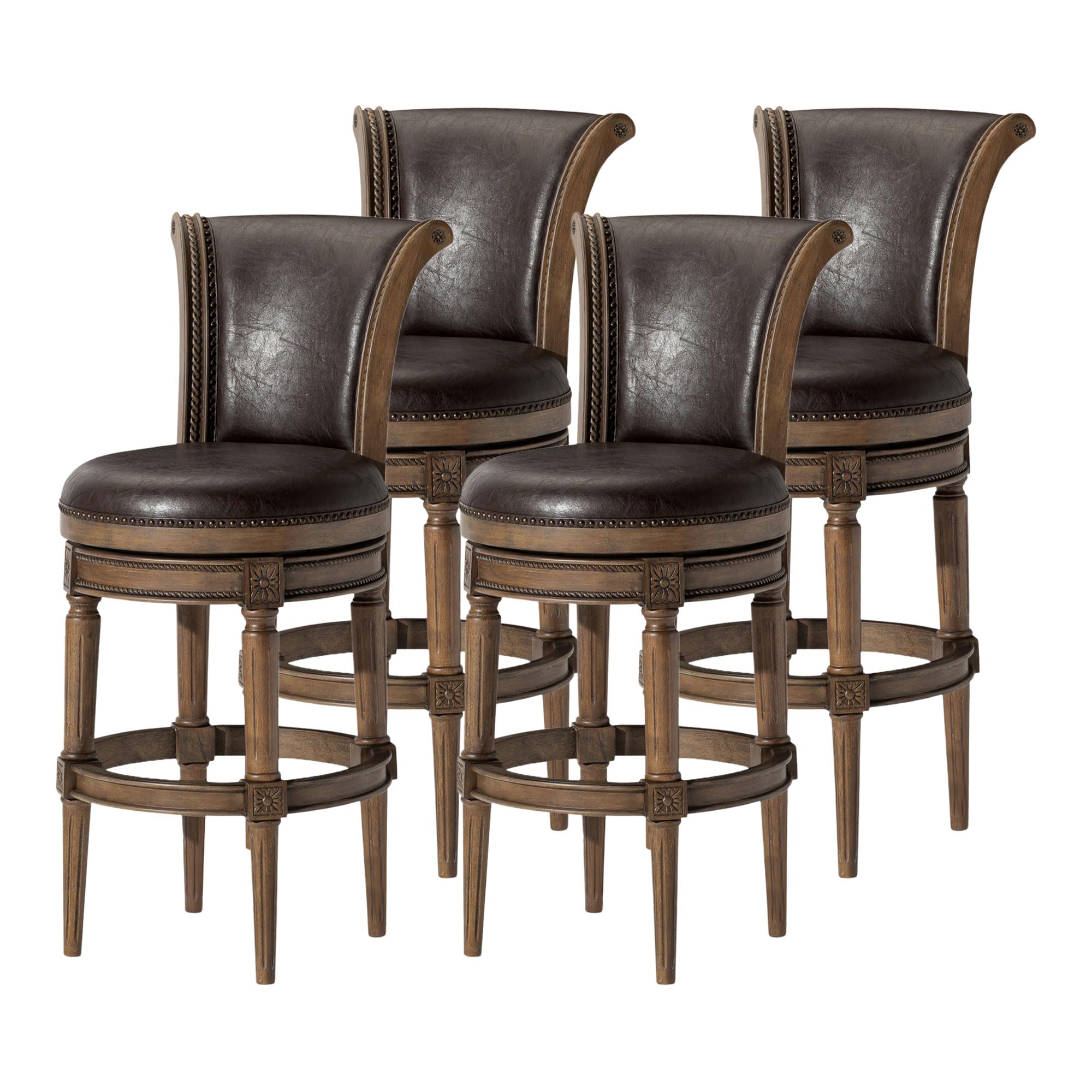 Maven Lane Pullman 31 Inch Tall Bar Height Upholstered Barstool with Back in Walnut Finish with Marksman Saddle Vegan Leather Cushion Seat, Set of 4