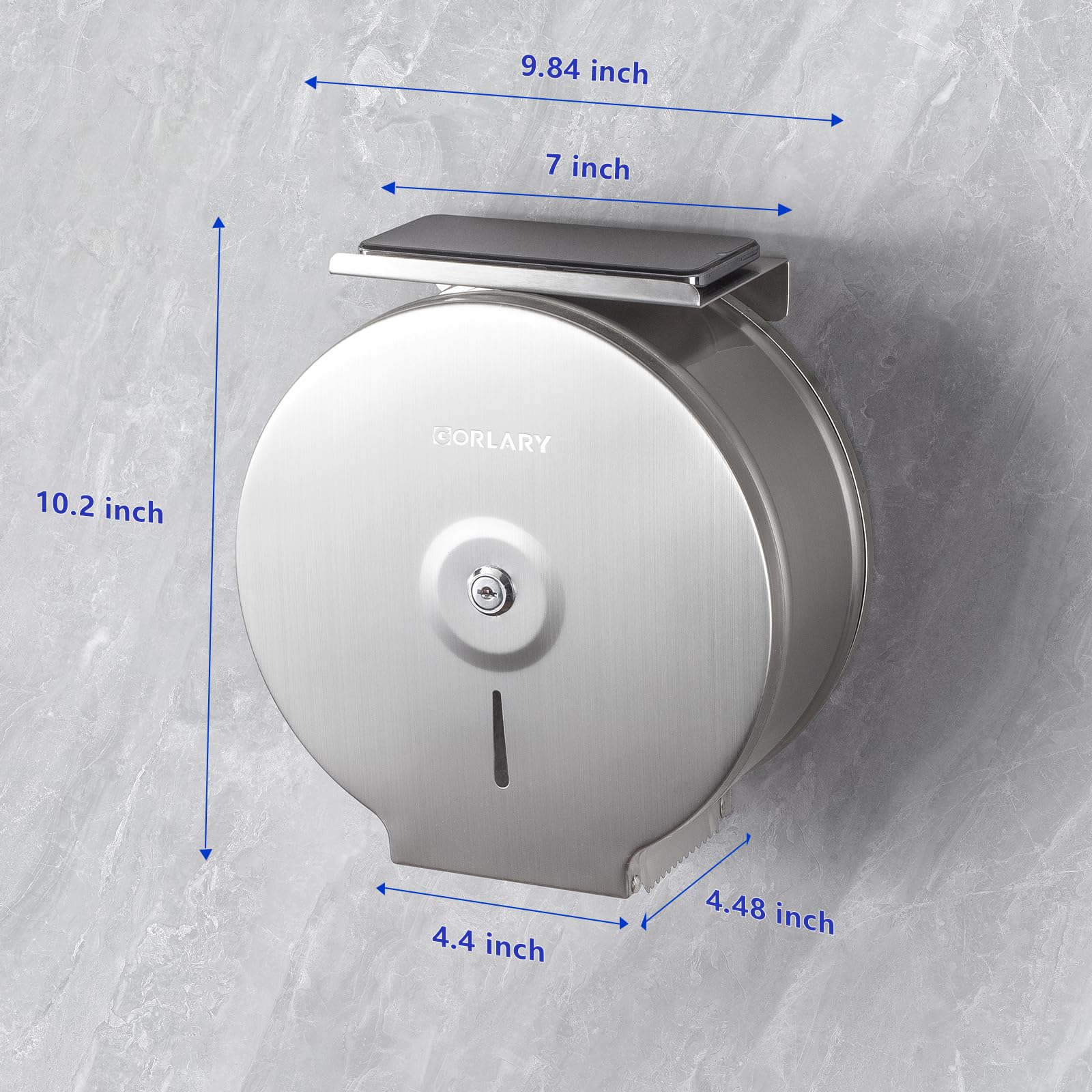 Gorlary Dispensador de Papel Higiénico Gigante Comercial con Estante, Soporte de Acero Inoxidable para Montaje en Pared Plateado