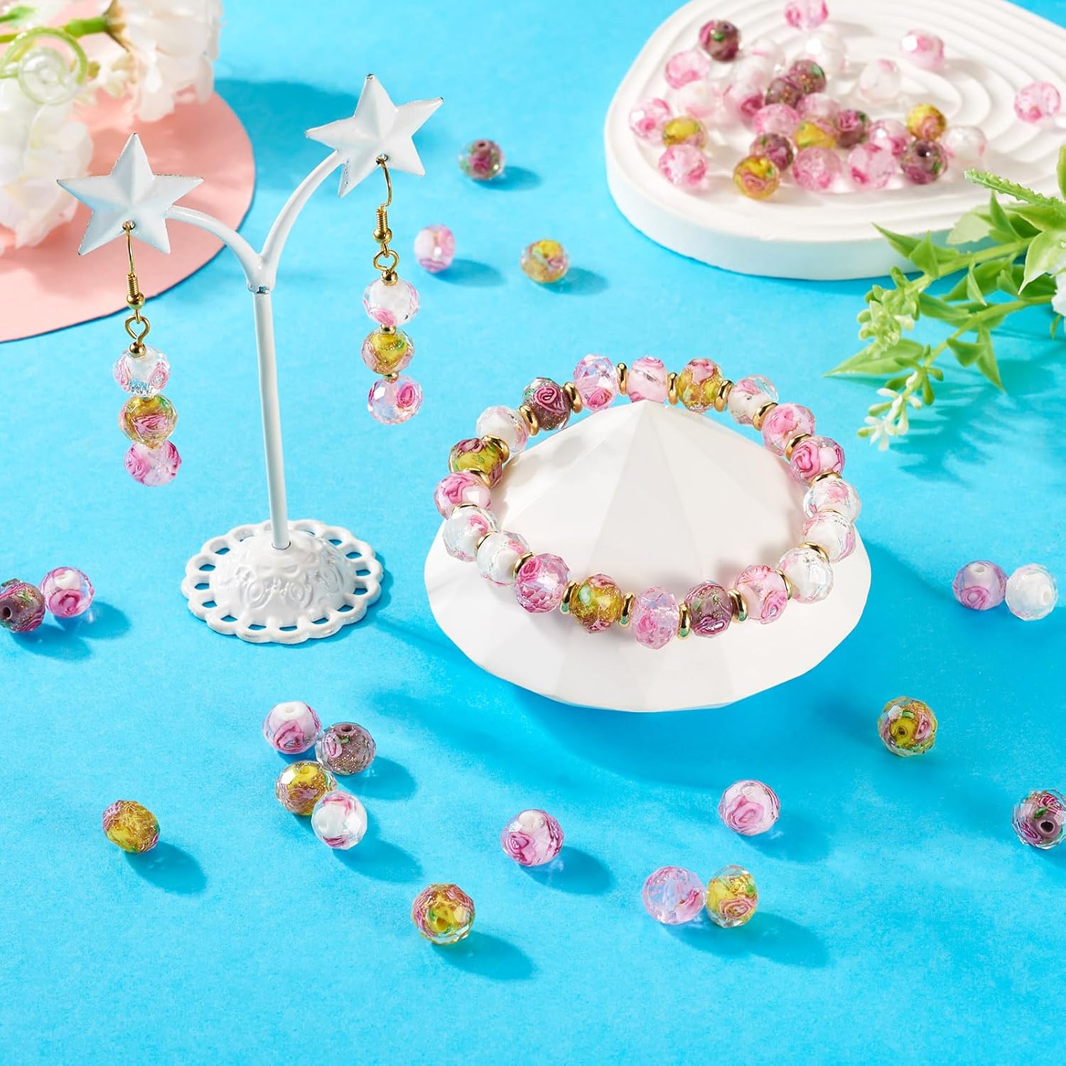 50Pcs 10mm Rose Flower Gold Sand Lampwork Beads Colorful Handmade Flower Inner Faceted Rondelle Beads Floral Glass European Craft Bead for DIY Earring Bracelet Jewelry Making - Image 3