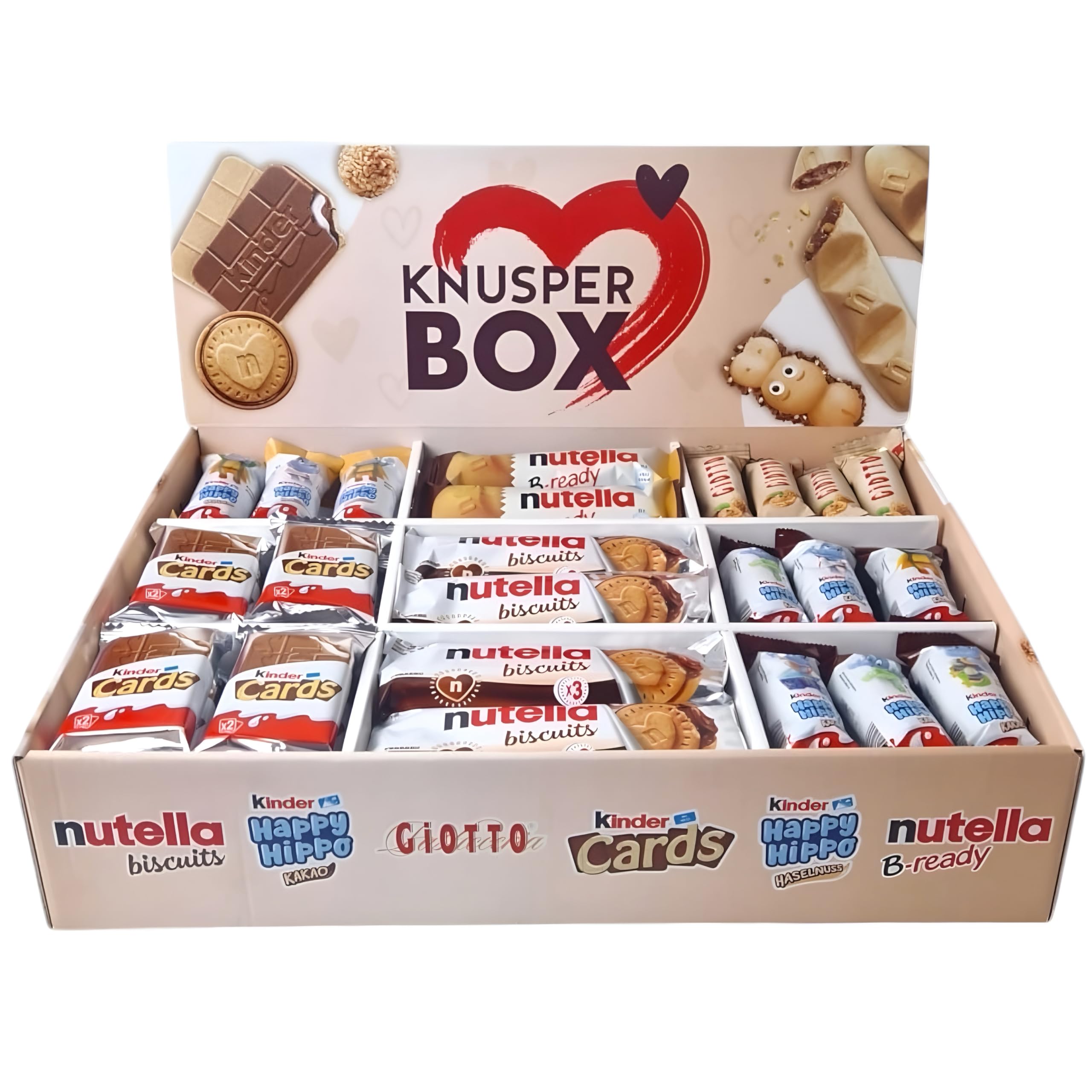 Ferrero Knusper Box mit 74 Teilen in 6 Sorten, mit Kinder Cards, Nutella Biscuits, Kinder Happy Hippo, Nutella B-Ready und Giotto, 1er Pack (1 x 1,8kg)