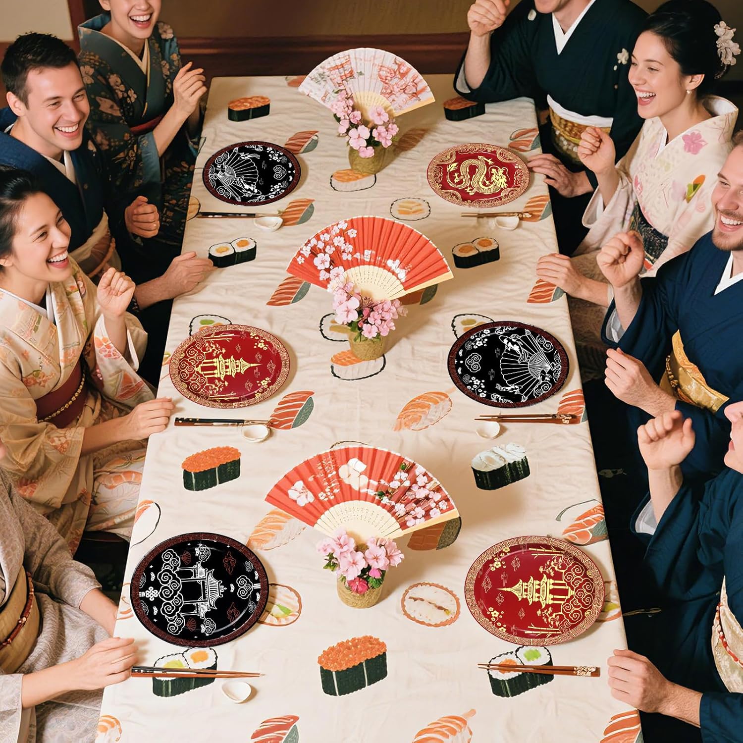 60Pcs Hibachi Party Decorations 9" Heavy Duty Chinese Japanese Party Paper Plates Disposable Asian Themed Dessert Plates for Birthday New Year Asian Spring Festival Baby Shower Supplies - Image 7