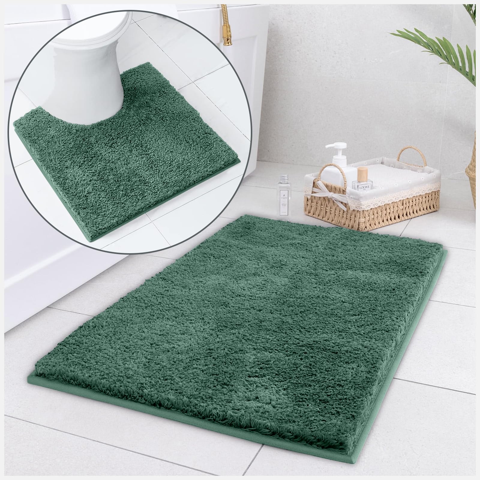 GC GAVENO CAVAILIA Zero Twist Bath Mat Set - Non Slip Rubber Bathroom Mats - Soft Absorbent Quick Dry Bathmat and Toilet Pedestal Mat for Bathroom Floor Use - 50x80 Cm - Green