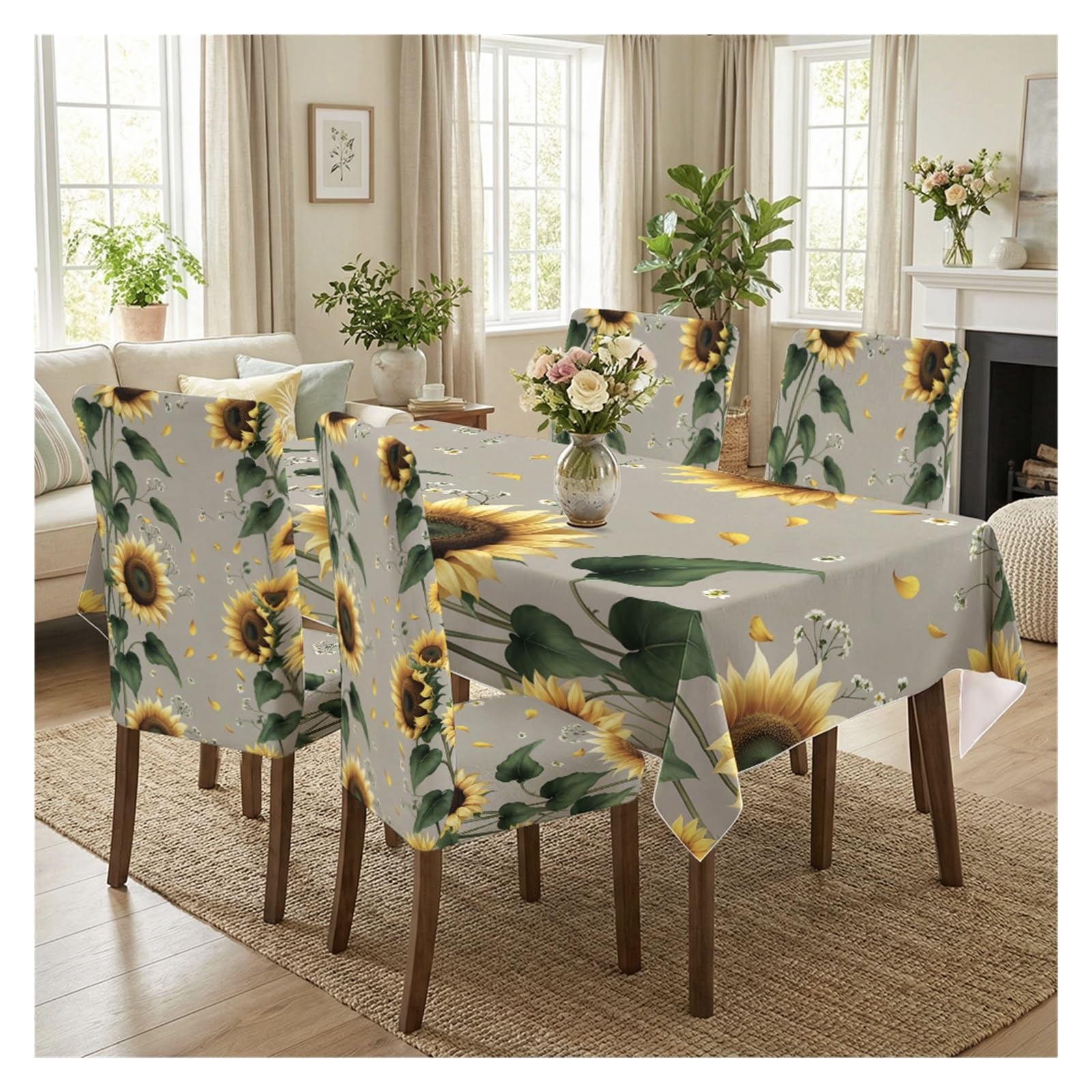 BOSUYBN Grey Base Sunflower Botanical Dining Tablecloth & Chair Covers Set, 5/7 Piece Rustic Country Farmhouse Spring Dining Decor Table Setting(5pcs Set: Tablecloth+Chair Covers)