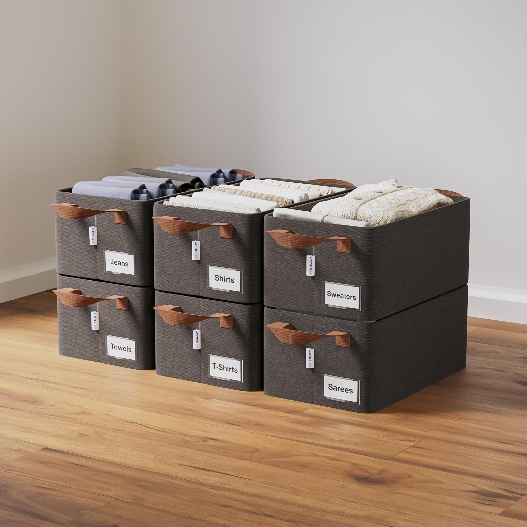 BOXJOY 6 Pcs Wardrobe Cloth Organizer for Storage Box with Label Card & Holder | Foldable Clothes Organiser with Steel Frame & Handle | Smart Jeans Kapde Closet Basket for Cupboard in Almirah Shelf