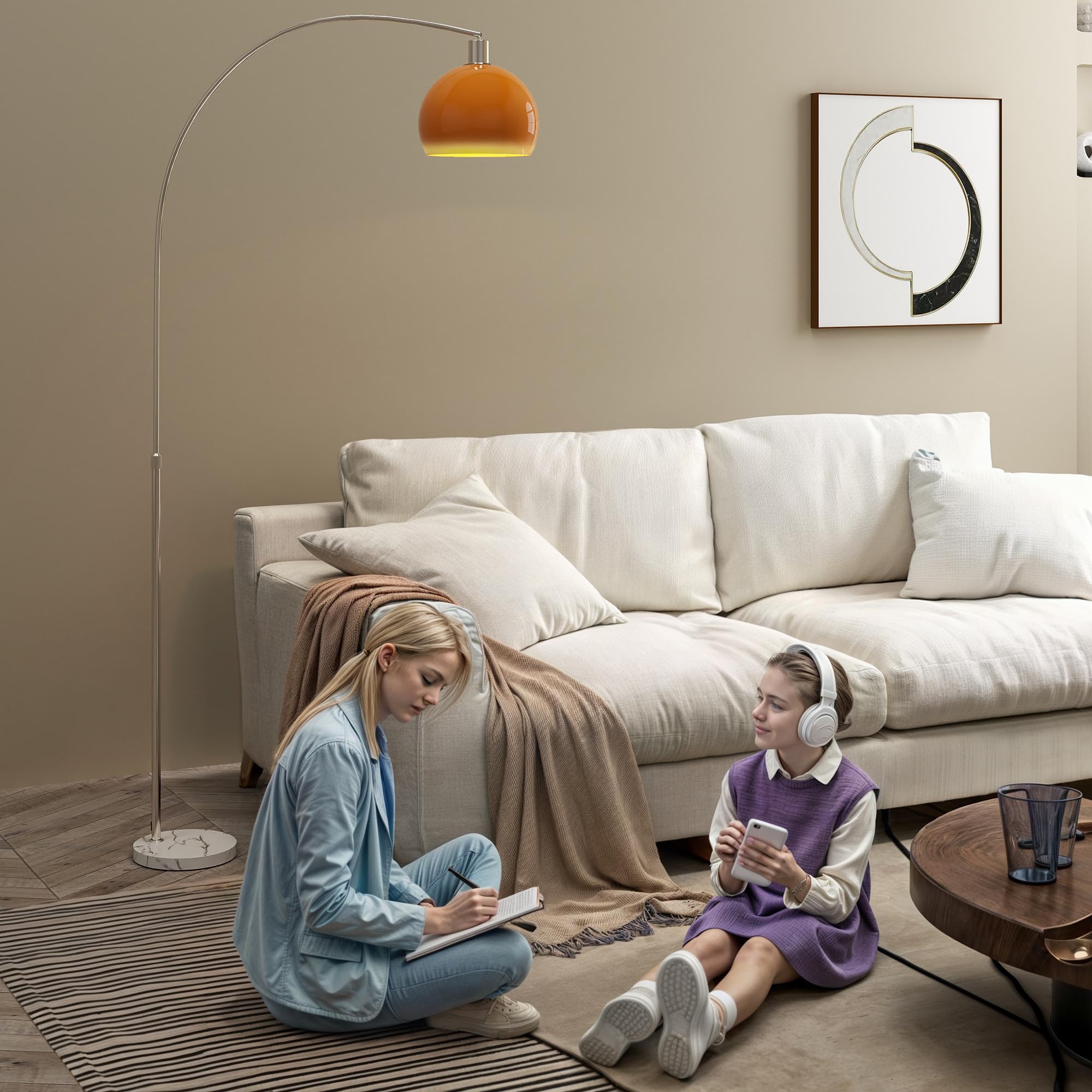 HOMCOM Lampada da Terra ad Arco Moderna 26x90x180 cm Bianco e Arancione | Interruttore a Pedale, Paralume Rotondo, Lampada da Terra Salotto, Marmo Metallo e Plastica
