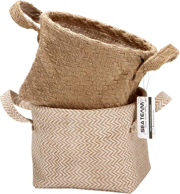 Sea Team Storage Baskets Organizer Box Bins in Jute and Cotton Linen Foldable with Handle Decorative for Home Toiletry Stationery Sundries Toys Jewerly Color Beige 14 * 17 * 16CM 2PCS