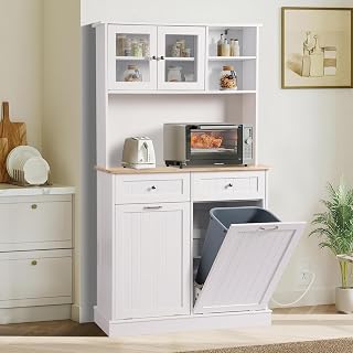 Tilt Out Trash Can Cabinet, Kitchen Pantry Cabinet, Tilt Out Laundry Hamper Cabinet with Hideaway Drawer, Recycling Freestanding Dog Food Storage Cabinet in White