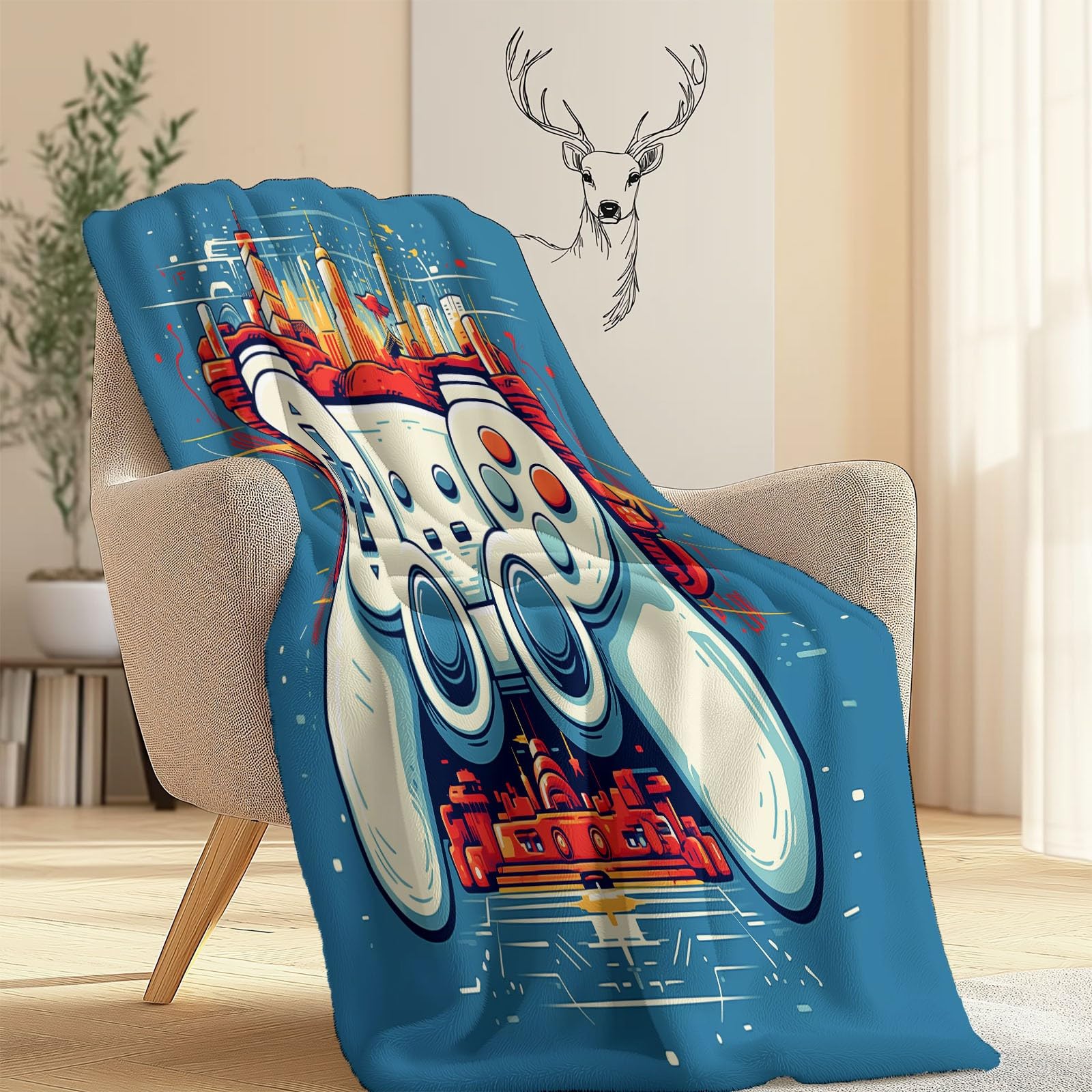 Spersonalizowany koc retro, konsola do gier, miasto, dla chłopców, dziewcząt, dzieci, piosenka na sofę, pościel, do salonu, niebiesko-czerwony, koc na baby shower, 220 x 240 cm