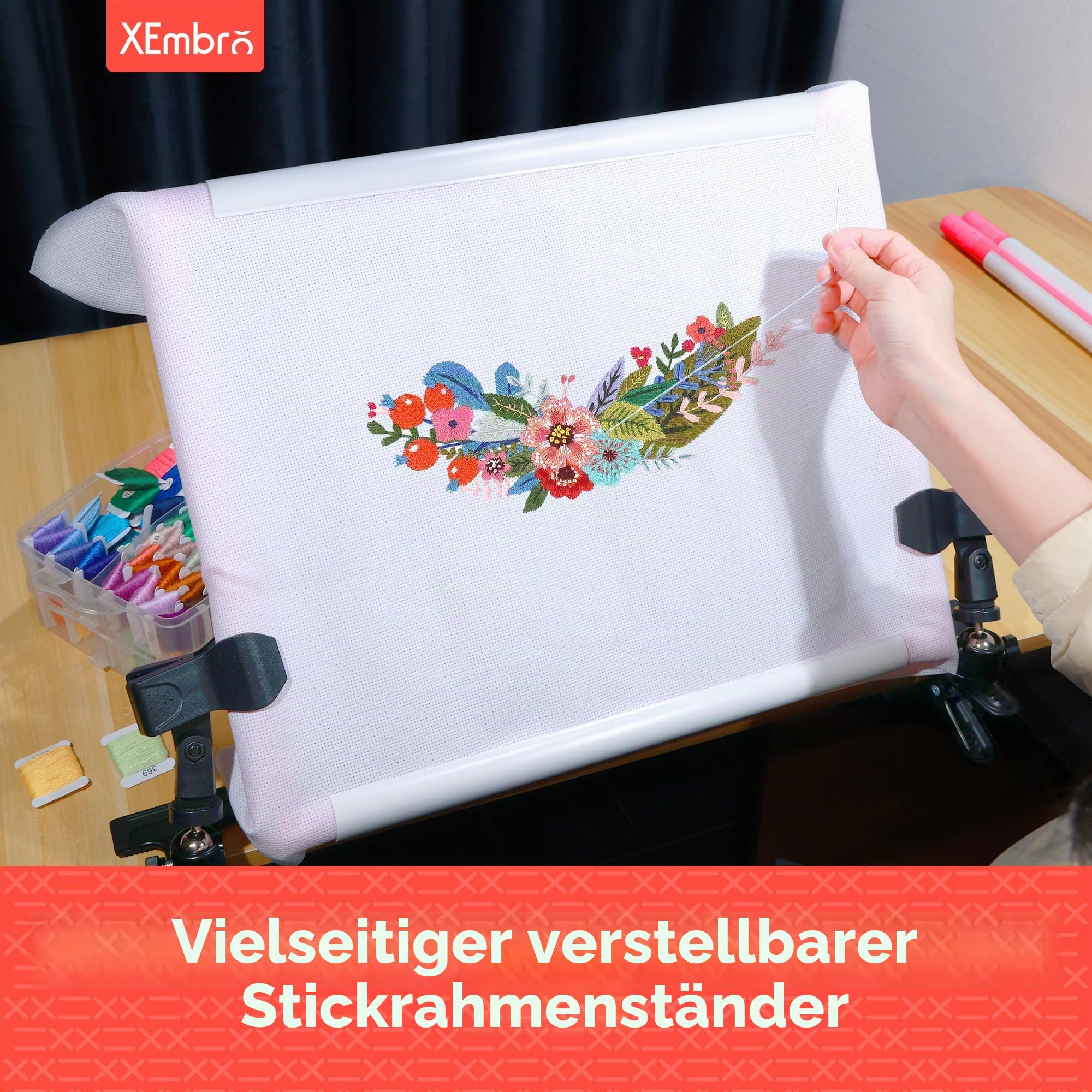 XEmbro Großer Stickrahmen, verstellbarer Kreuzstich-Rahmen, Kunststoff-Clip-Rahmen für Stickerei, Stanznadelrahmen, Schnörkelrahmen für Kreuzstich, Handarbeiten (87 x 36 cm)