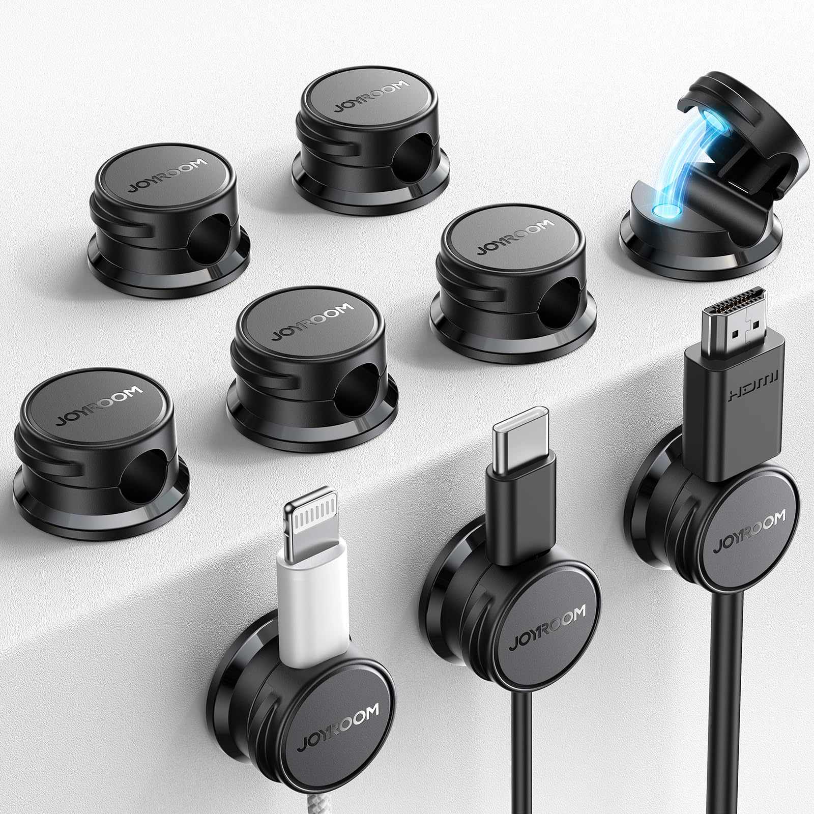 JOYROOM 9 PCS Clip de Cable Ajustable Organizador Cables Magnético Cable Management para Escritorio, Mesitas de Noche, Cables de Carga, HDMI, USB, Cable de Audio, Negro