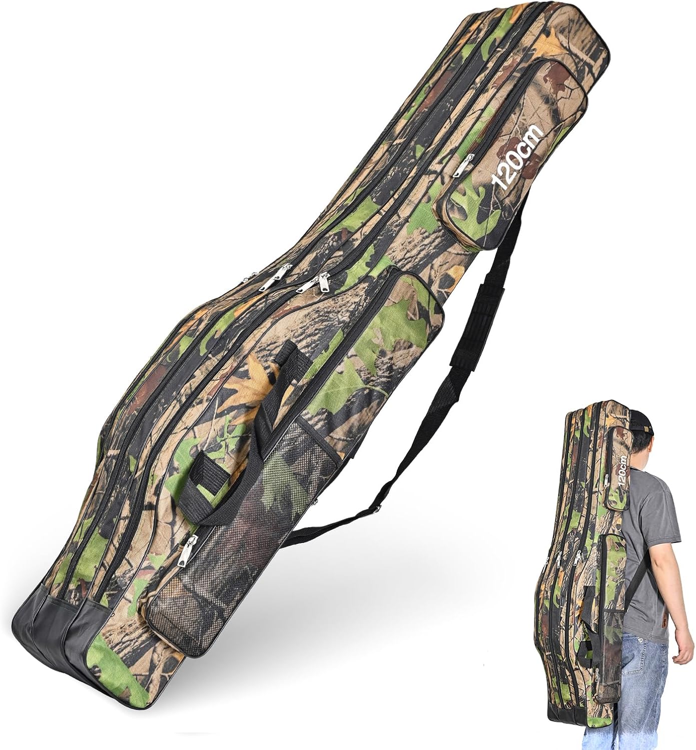 LEOFISHING Portable 3 Layers Fishing Pole Bag Durable Oxford Folding Fishing Rod Reel Carry Case Tackle Storage Bag Case Waterproof Camouflage Travel Fishing Carrier (Black, 150cm/59in)