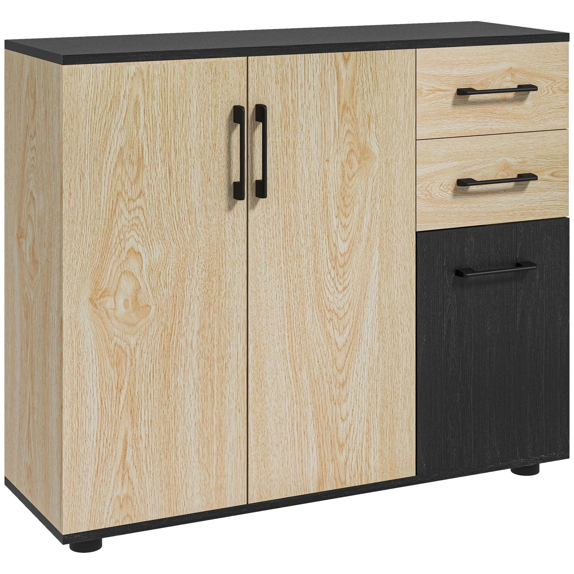 HOMCOM Buffet Salon, Meuble de Rangement avec 3 Portes, 2 tiroirs et étagère réglable, Style Moderne, Buffet Salle à Manger, Cuisine et Salon, 90 x 30 x 75,5 cm, Noir et Bois Naturel