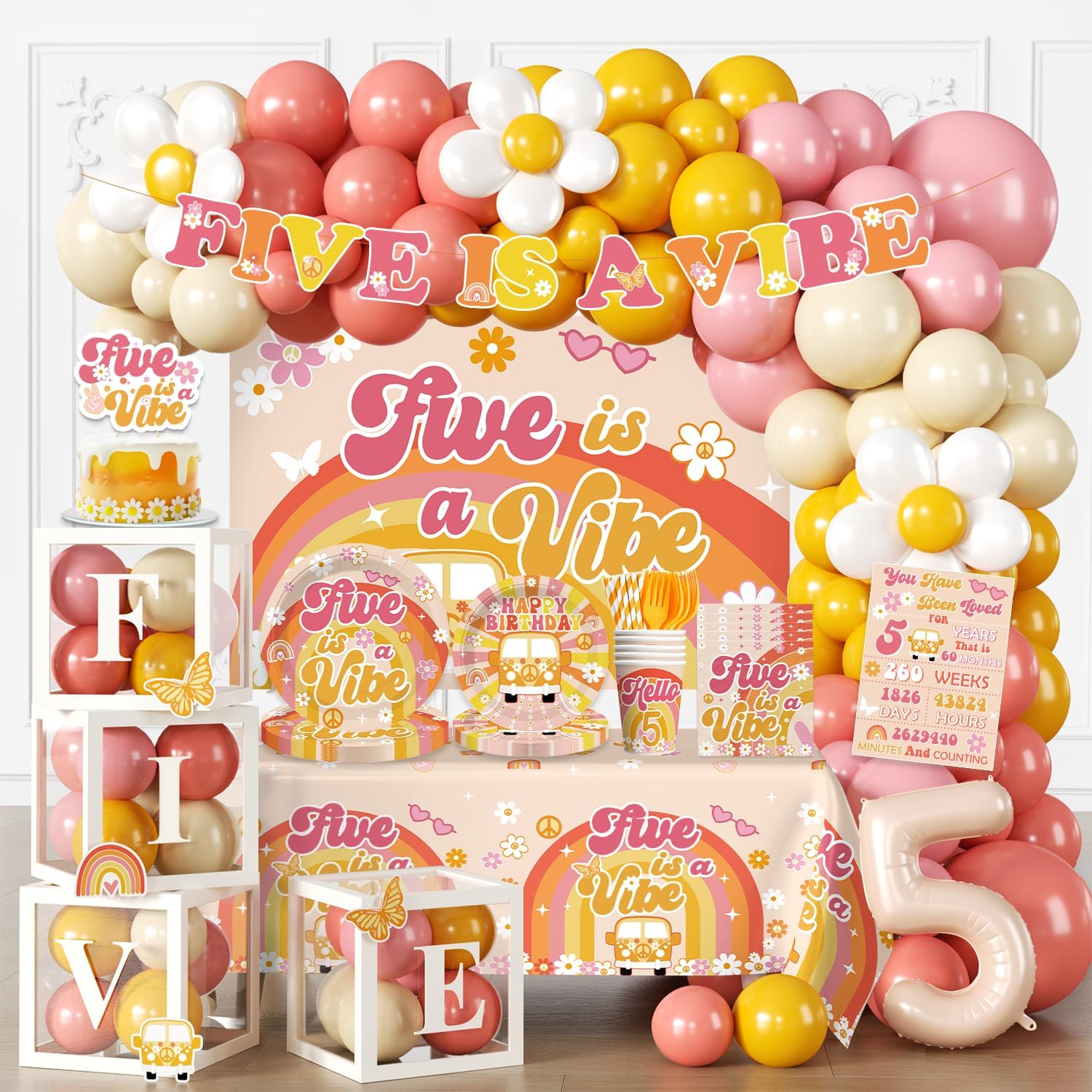 291pcs Five is a Vibe Birthday Party Decorations, One-stop Set for 25 People, Includes 350gsm Plates Cupcake Toppers and Centerpieces, 5th Birthday Decorations Girl for Happy 5th Birthday