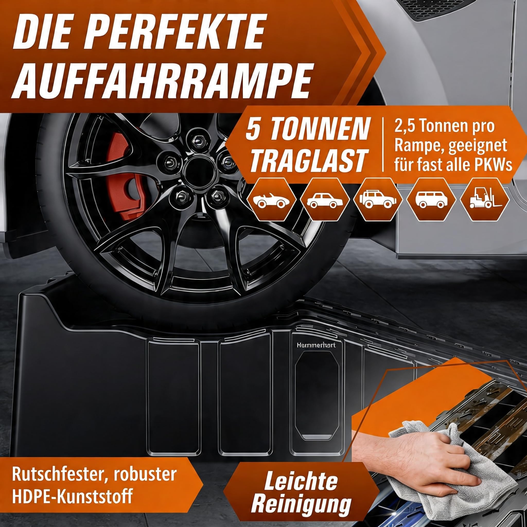 HAMMERHART - Auffahrrampe PKW [2er Set <5T ] | Hochbelastbare Auto Rampe TESTSIEGER | Auffahrkeile mit Anti Rutsch Struktur für jeden Untergrund | Auffahrrampen ideal für Wohnwagen, Anhänger & Pkw