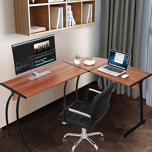 Miniatura 20 de ZenStyle Escritorio esquinero para computadora en forma de L de 55 pulgadas, marco de acero resistente y superficie impermeable, diseño de grano de