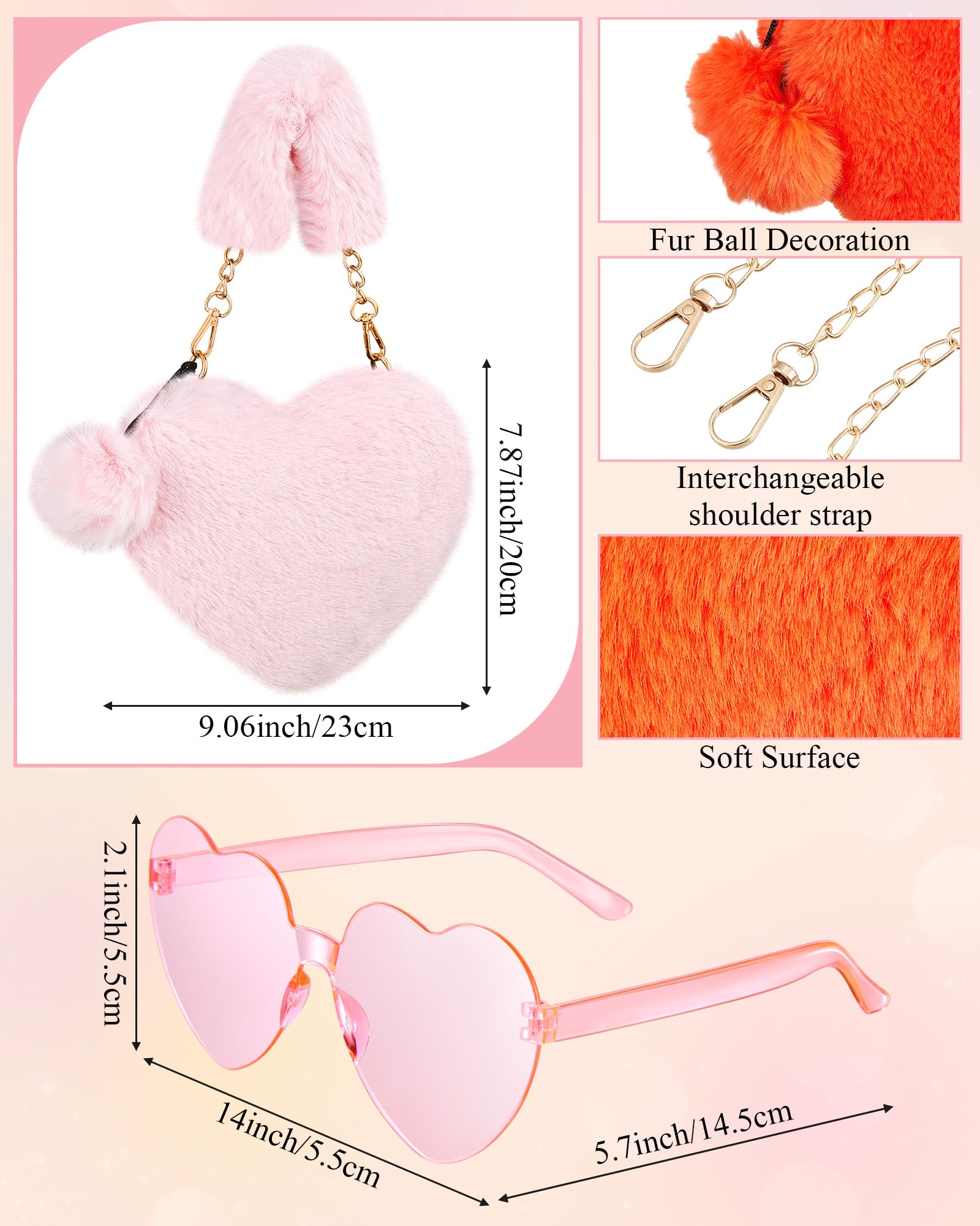 Aliceset 4 Sets Valentine‘s Day Furry Purse Heart Shaped Furry Purse Glasses Set, Fluffy Love Shaped Wallet, Soft Faux Fur Handbag for Women Ladies Happy Valentine's Gifts