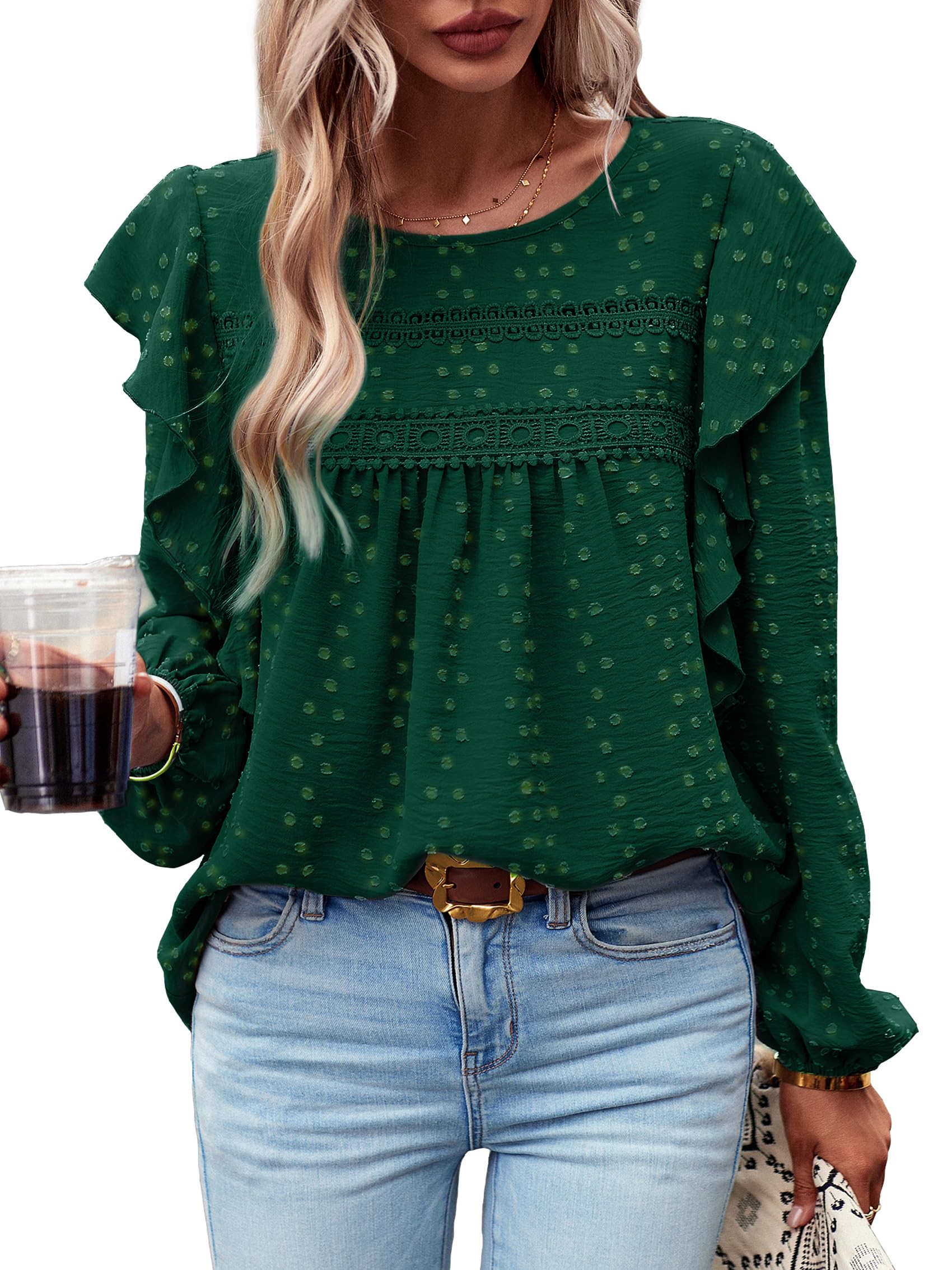 MYCOLORBLUE Blusen Tuniken für Damen Elegant Rüschenärmel Swiss Dot Spitzenbesatz Vorne Falten Streetwear Rundhals Bluse