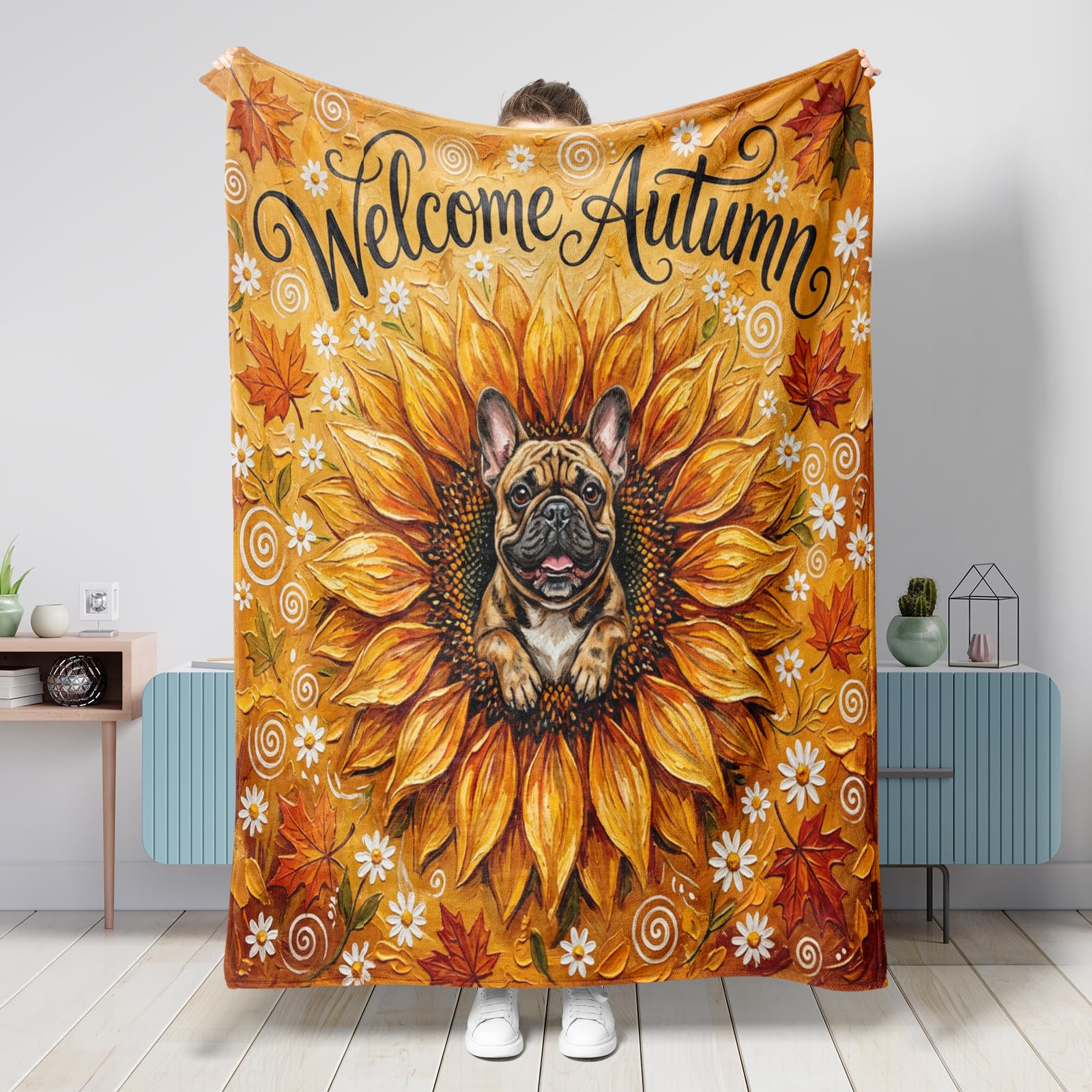 Couverture bouledogue d'automne 152x203 cm en flanelle douce pour canapé