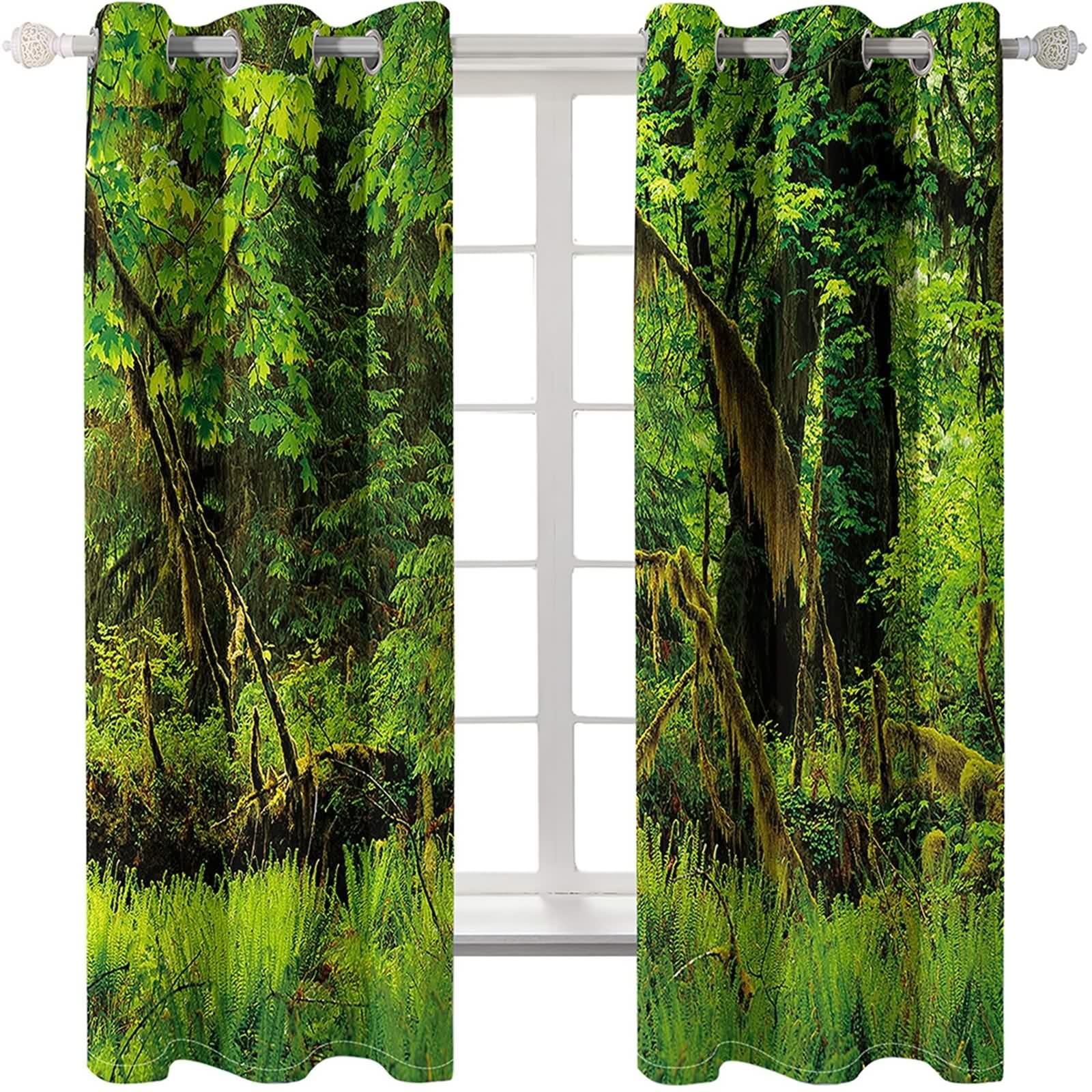 Verdunklungsvorhänge Vintage, Vorhänge Grün Polyester Bäume Landschaft Gardinen 2er Set B 152 x H 183 cm