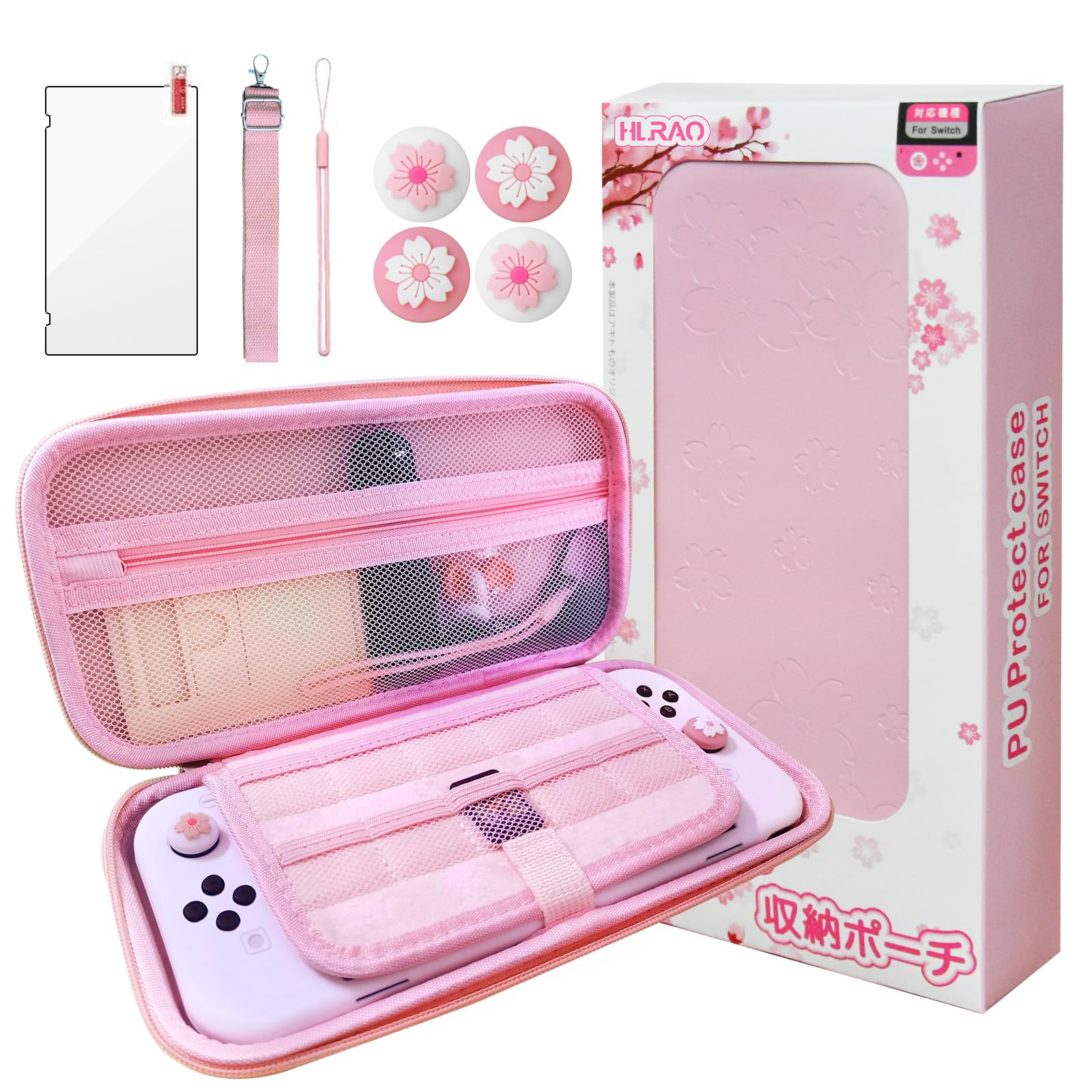 Juego de Viaje Rosa Bolsa de Transporte Compatible con Nintendo Switch, Estuche de Bolsa de Almacenamiento de diseño Sakura con Protector de Pantalla de Vidrio HD y Agarre para el Pulgar.