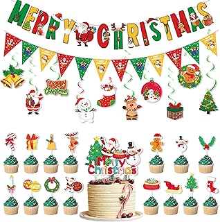 Bliceon Christmas Banner and Ceiling Hanging Foil Swirl Paper Decoration, Christmas Cake Topper, Christmas Snowman Gingerbread Men Elk Xmas Decorations for Christmas Holiday Party Decoration Supplies