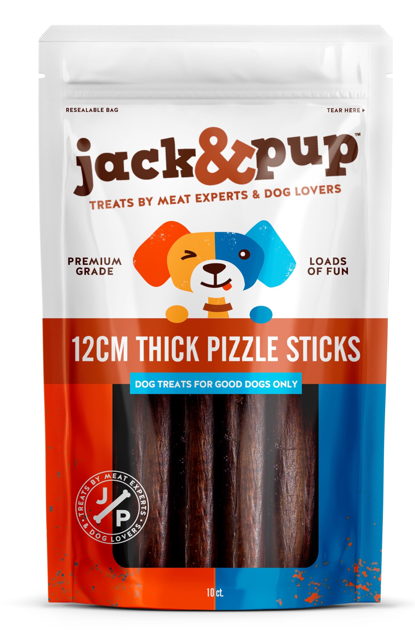 Jack&Pup 12cm Pizzle Sticks - Natural Dog Chews - Odour Free - Thick (10ct)