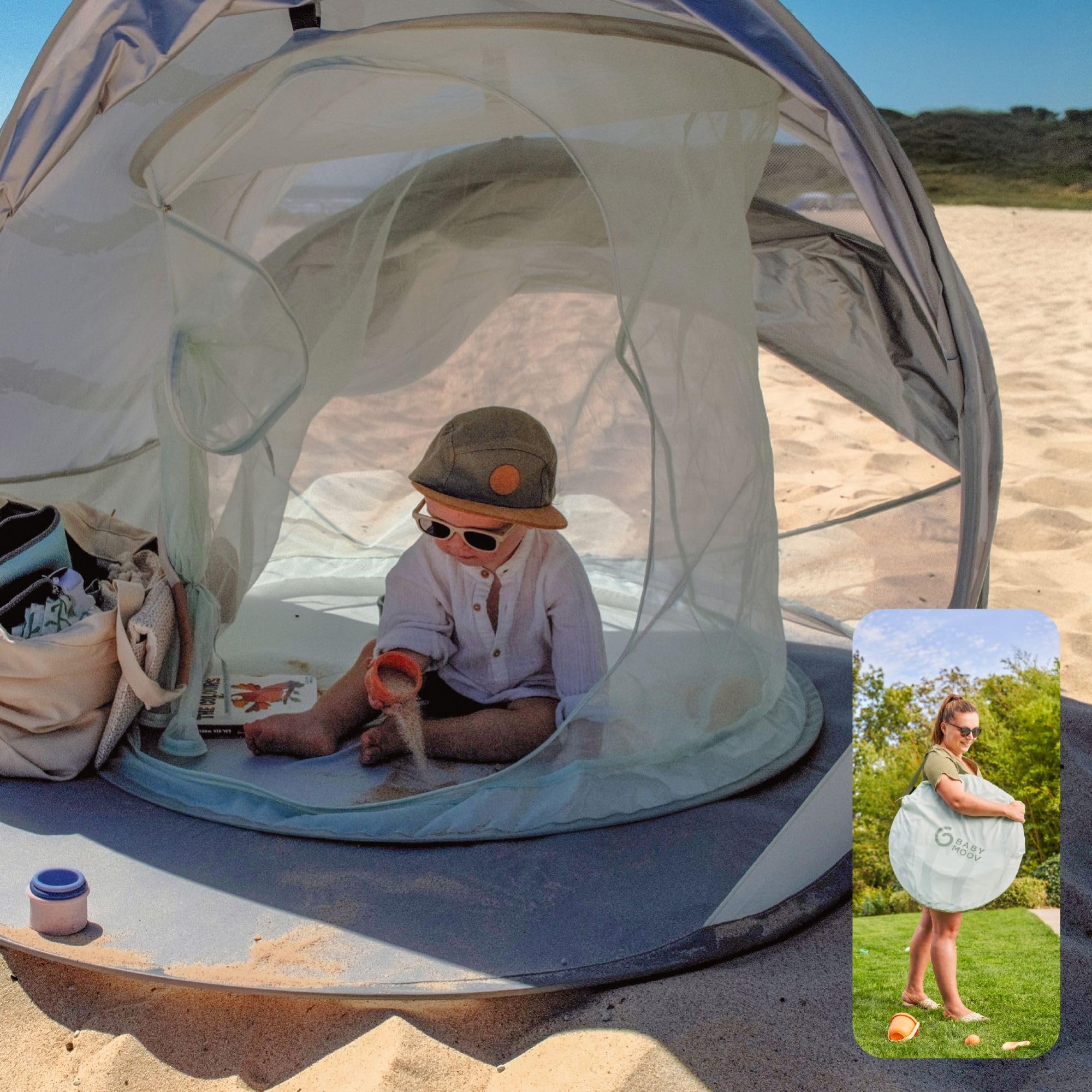 Babymoov Anty-UV UPF 50+ wysoka ochrona rozkładany namiot przeciwsłoneczny dla niemowląt Moov & Protect - namiot plażowy - osłona przeciwsłoneczna z systemem wentylacji chłodzącej